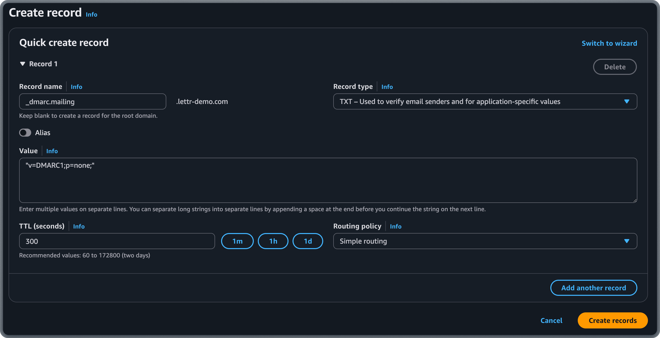 Adding DMARC TXT record in AWS Route 53