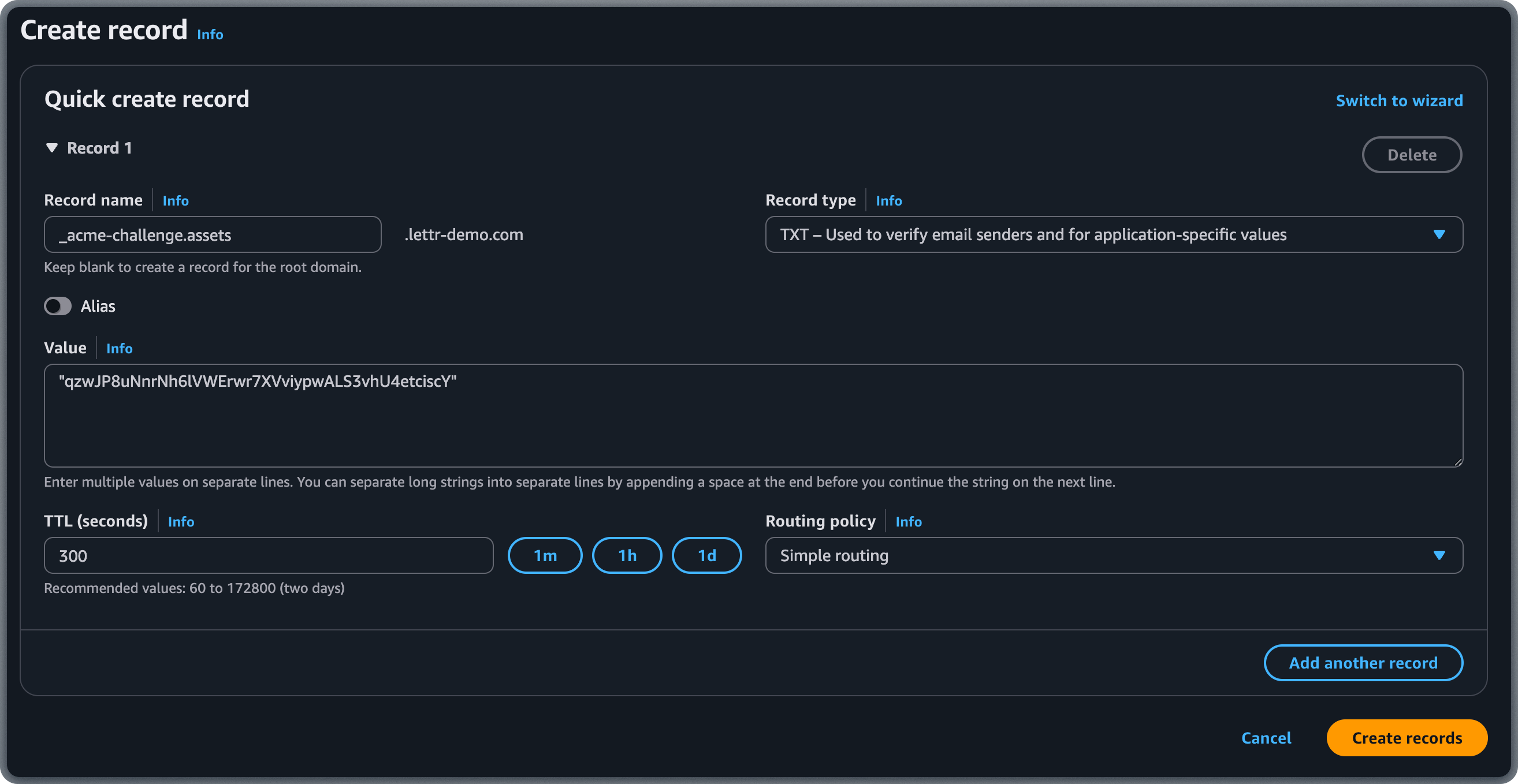 Adding Certificate Validation TXT record in AWS Route 53