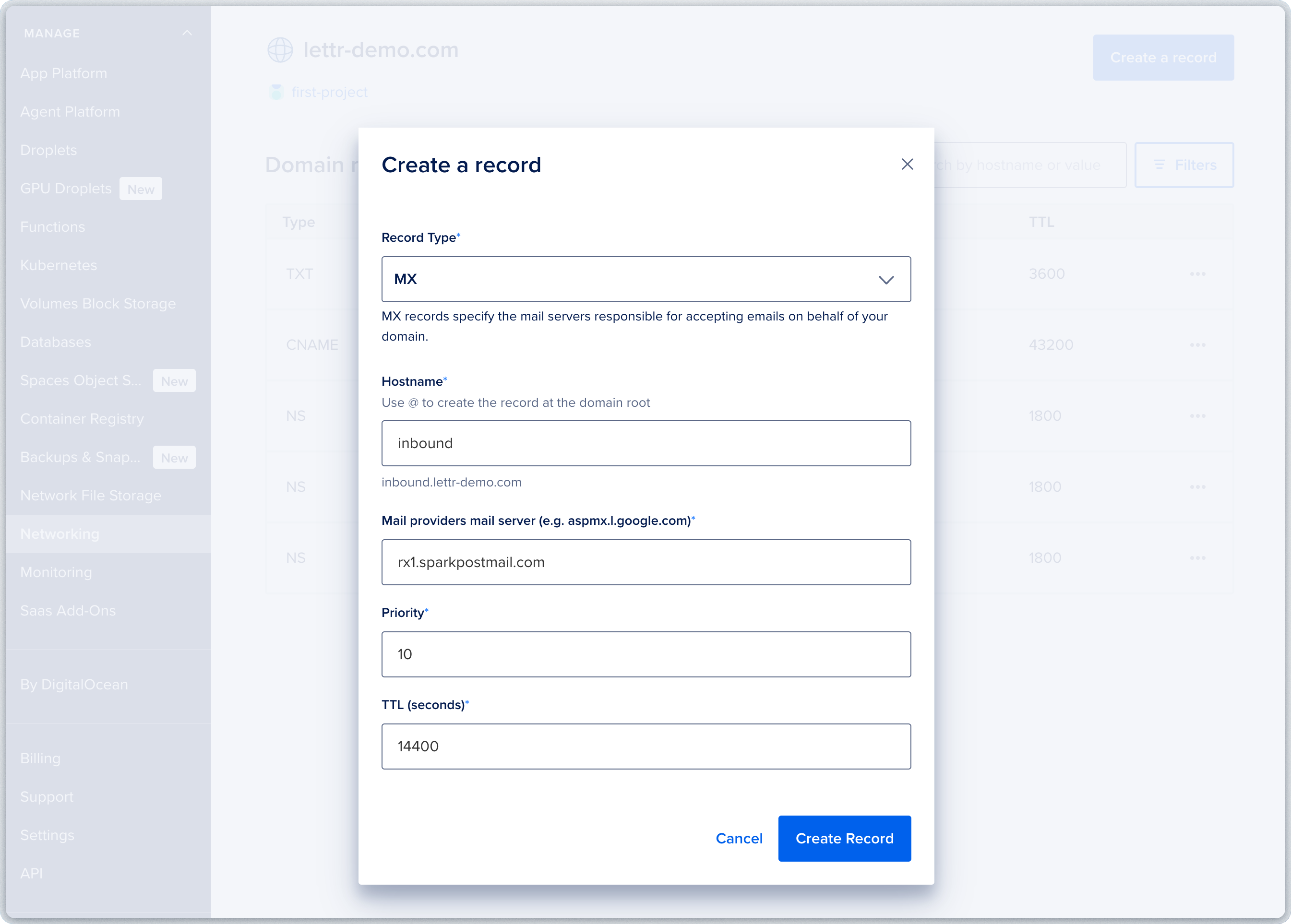 DigitalOcean DNS record form for adding MX records for inbound mail