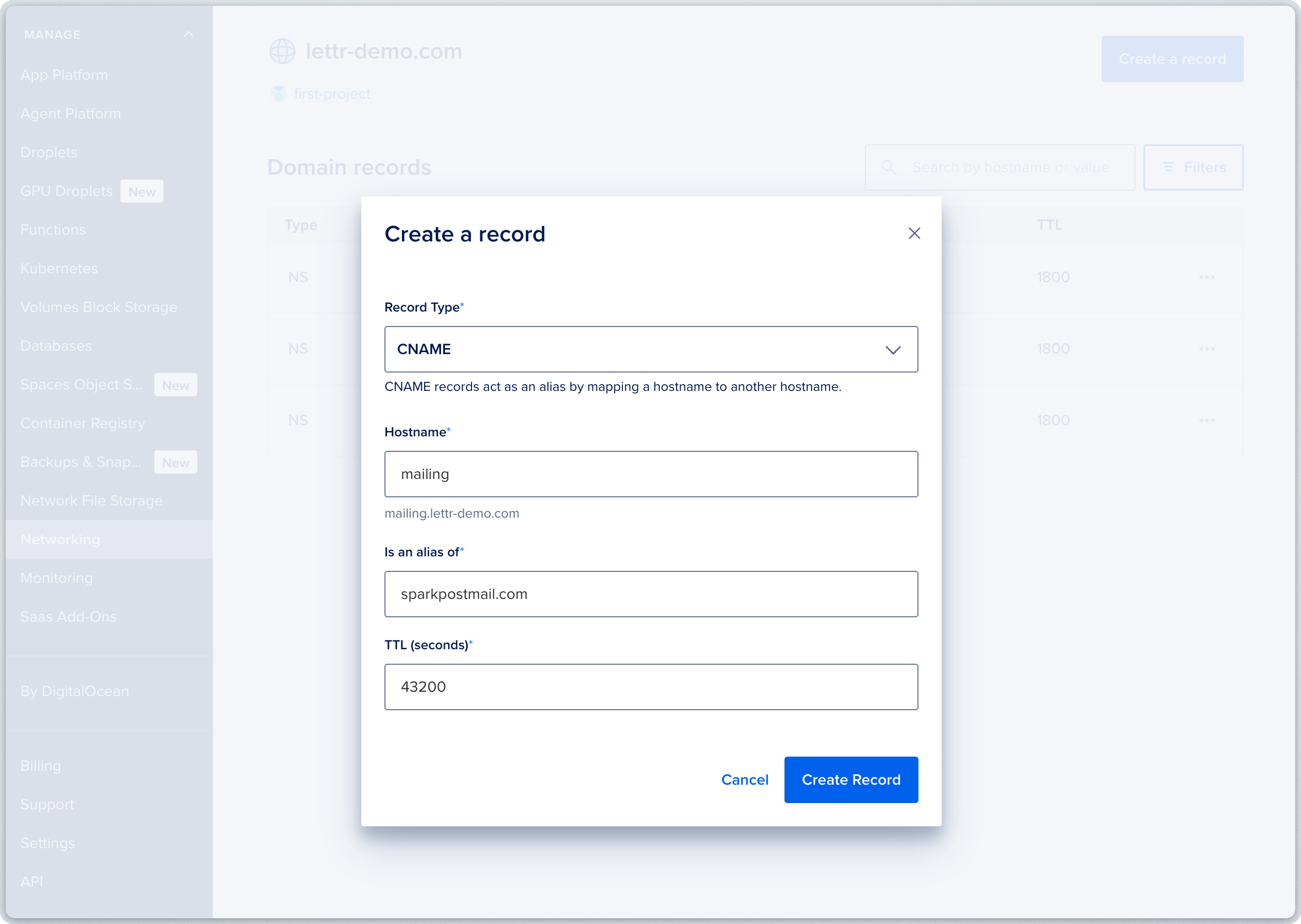 DigitalOcean DNS record form for adding a sending domain CNAME record