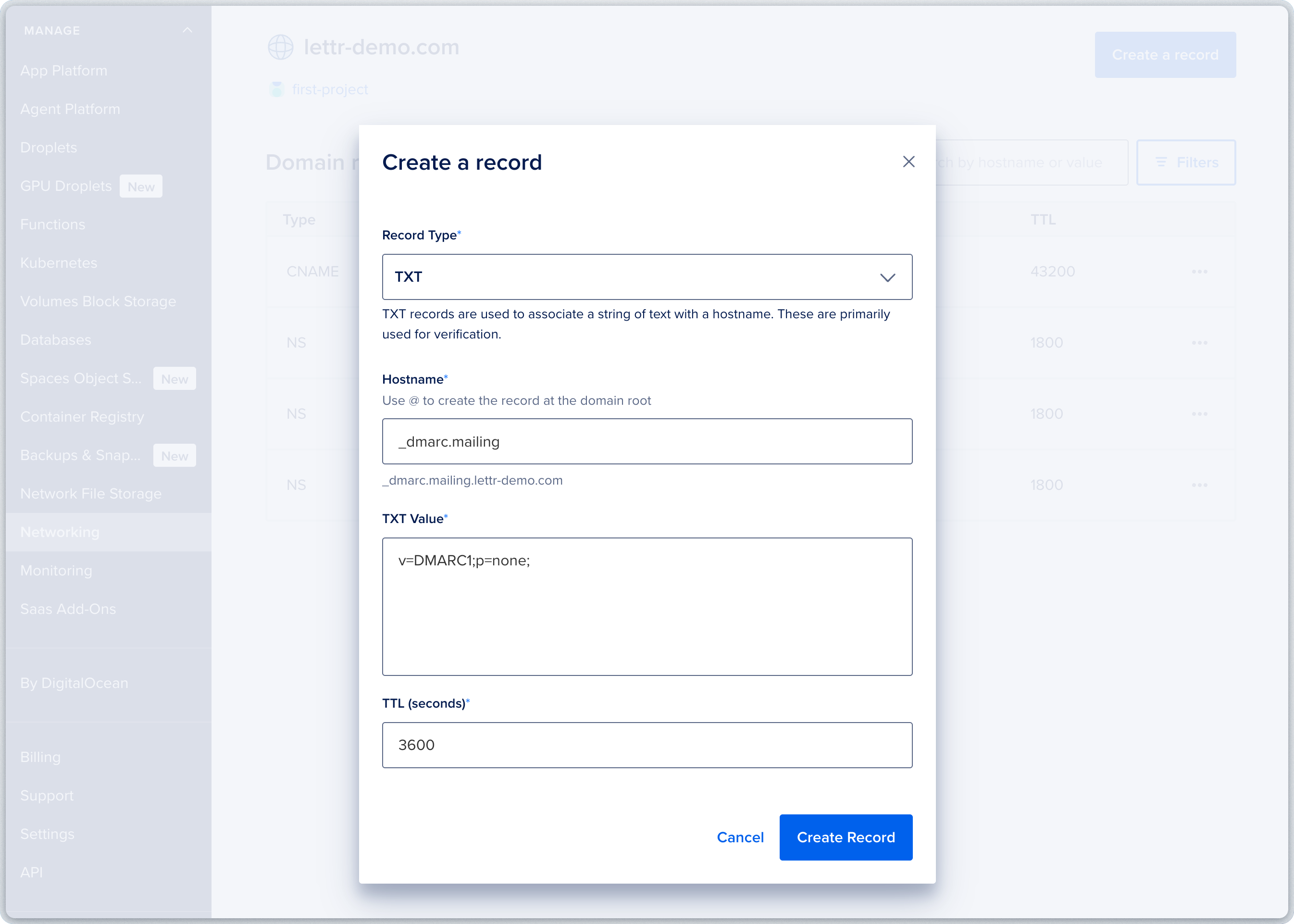 DigitalOcean DNS record form for adding a DMARC TXT record