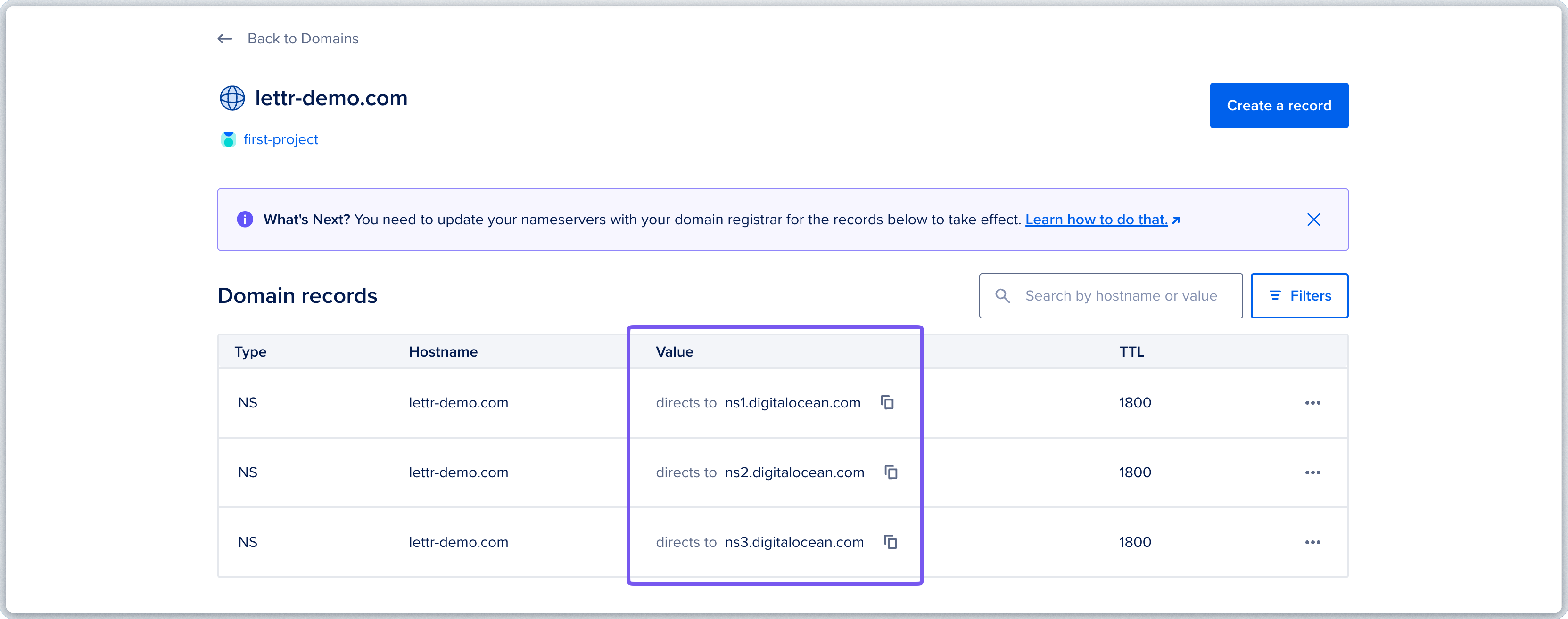 DigitalOcean DNS zone overview showing nameserver records