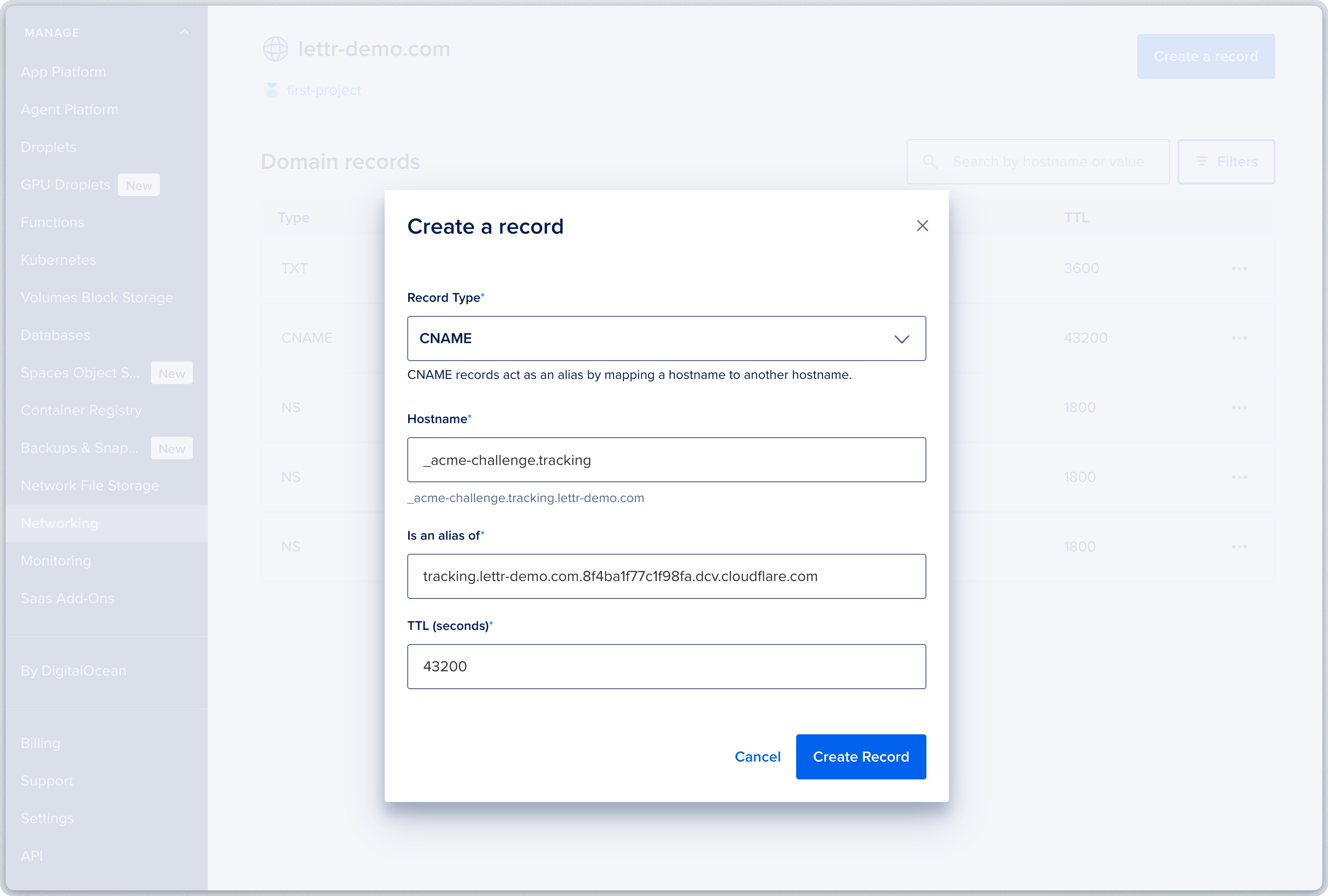 DigitalOcean DNS record form for adding MX records for inbound mail