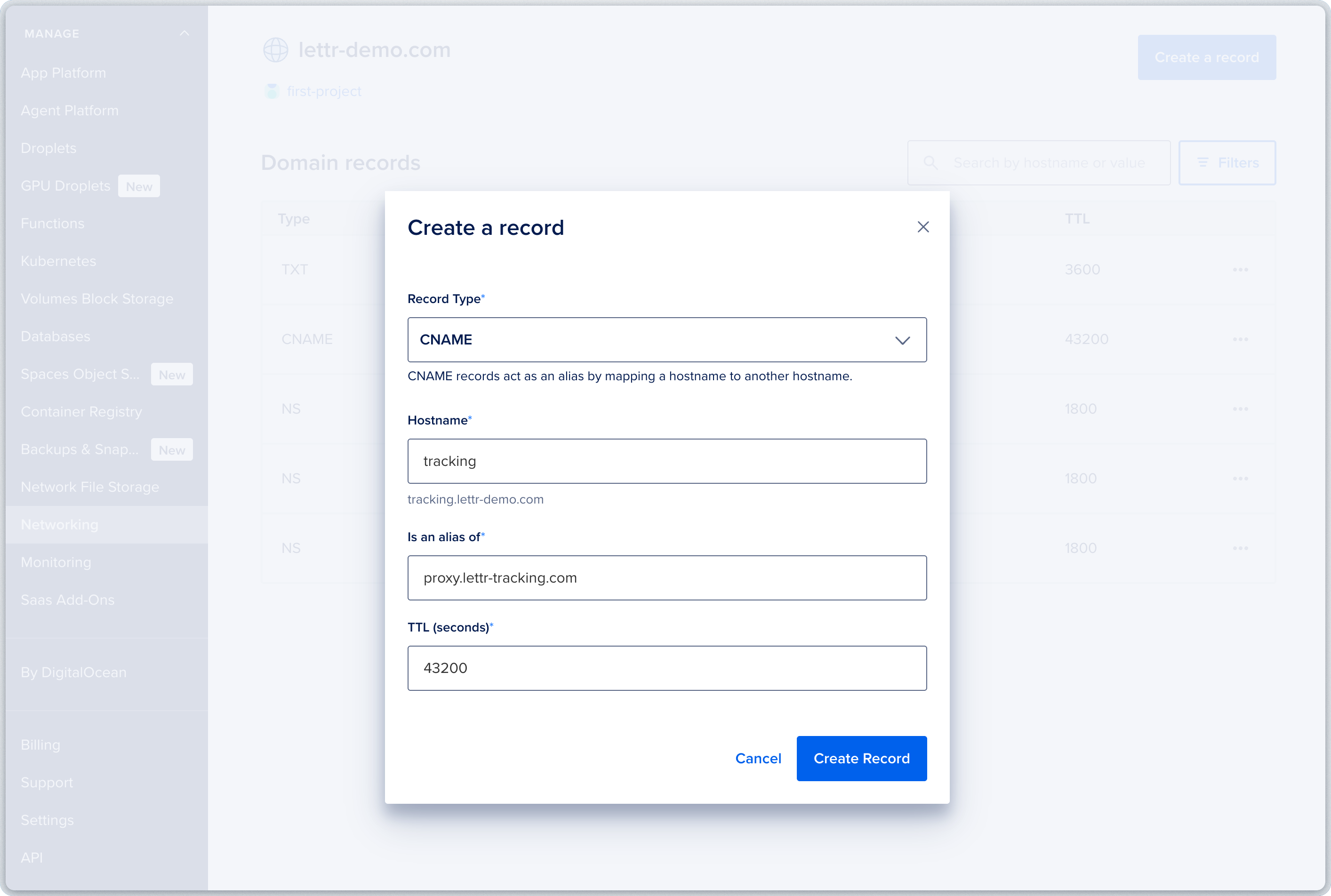 DigitalOcean DNS record form for adding MX records for inbound mail