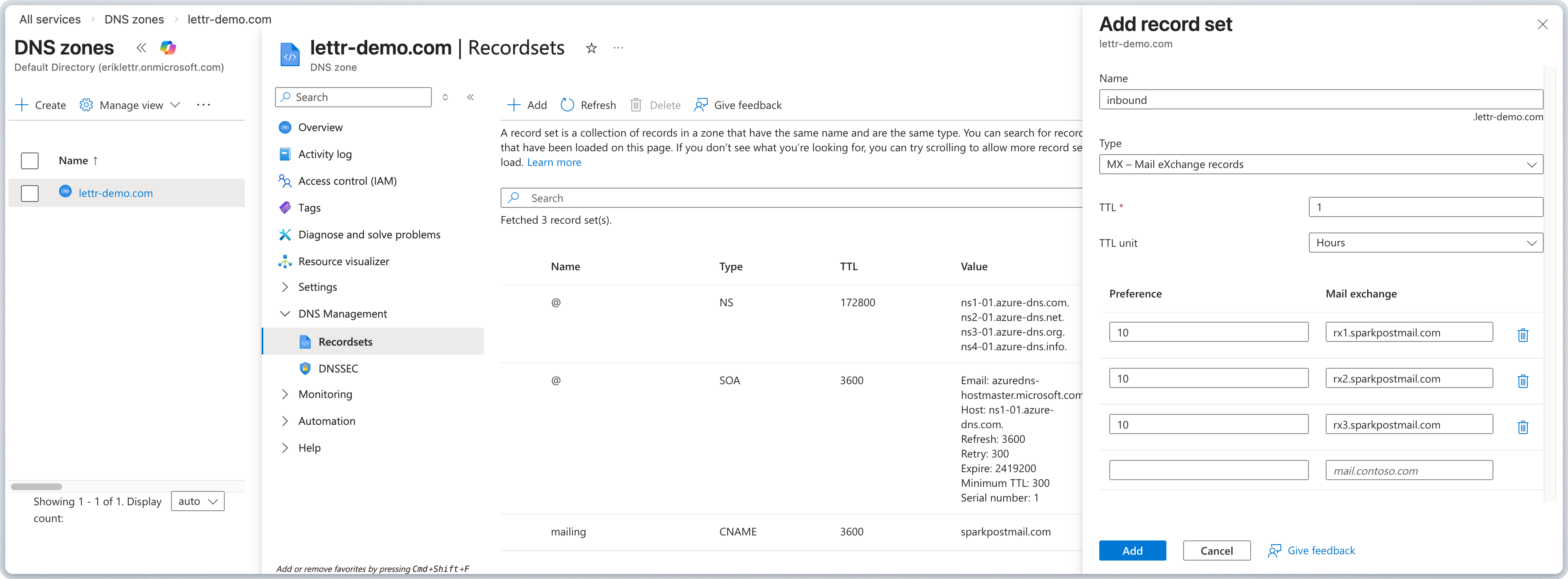 Azure DNS record set form for adding MX records for inbound mail