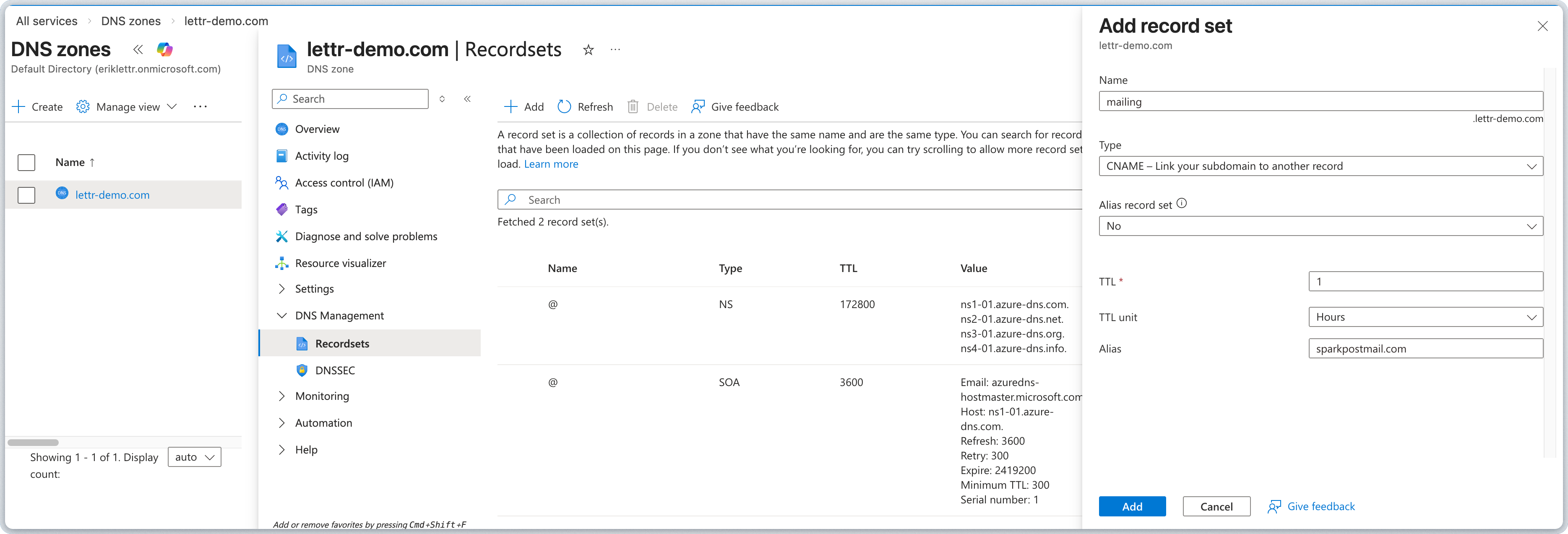 Azure DNS record set form for adding a sending domain CNAME record