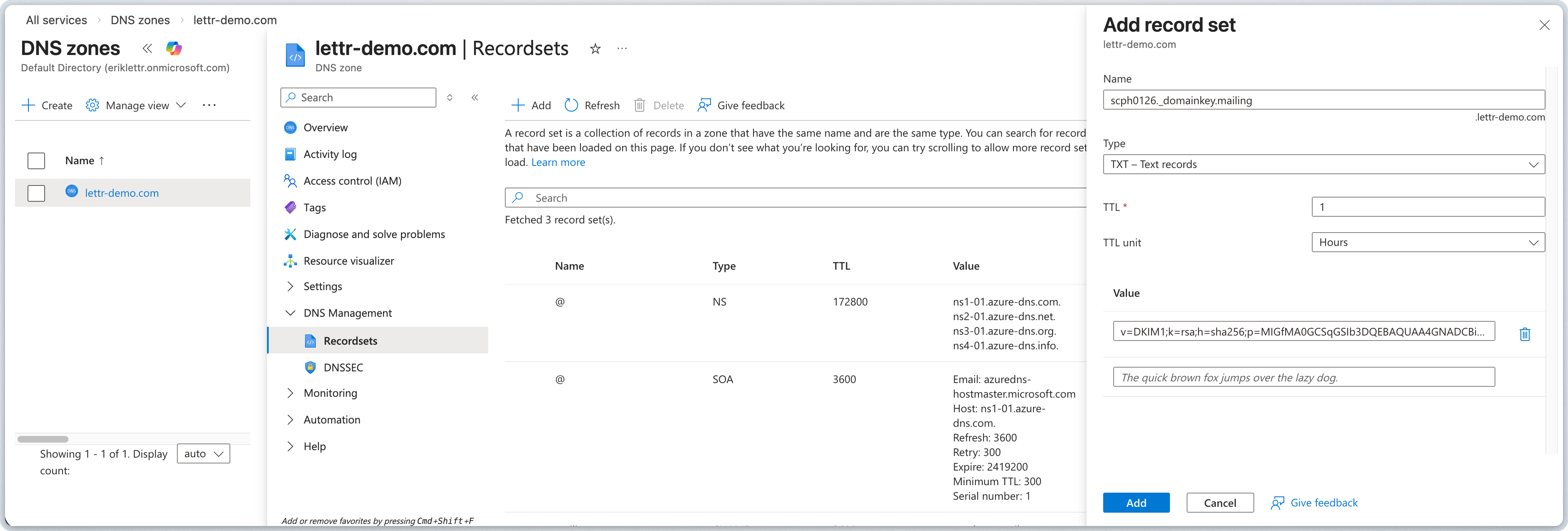 Azure DNS record set form for adding a DKIM TXT record