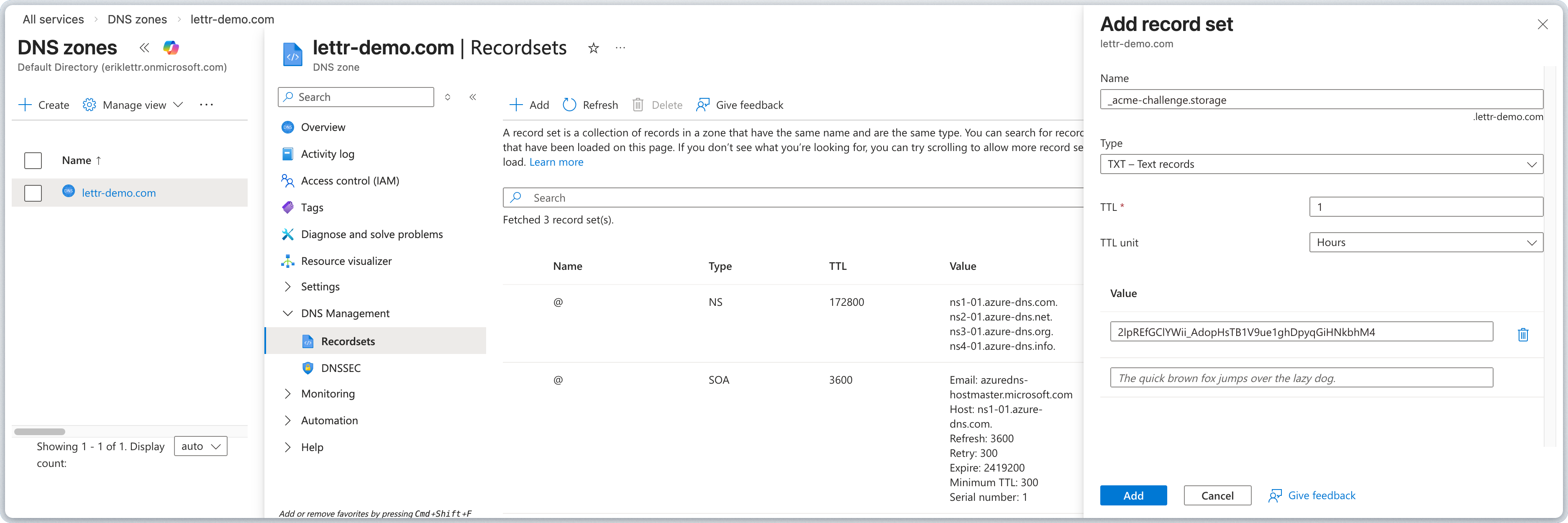 Azure DNS record set form for adding the certificate validation TXT record