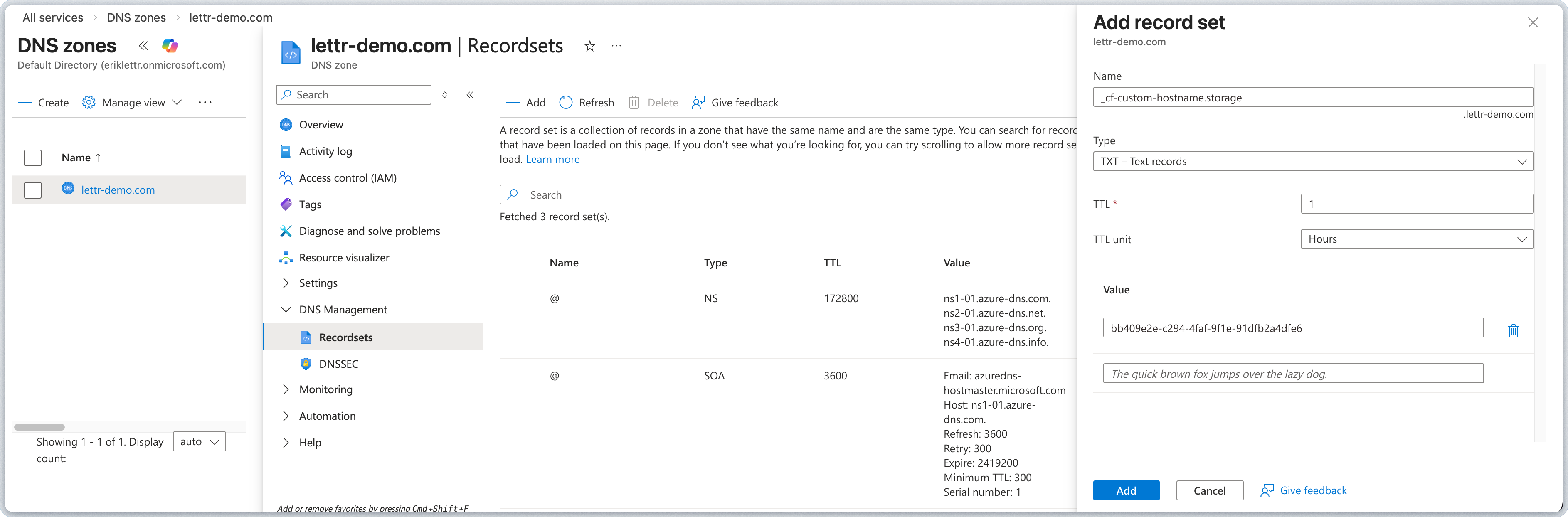 Azure DNS record set form for adding the hostname pre-validation TXT record