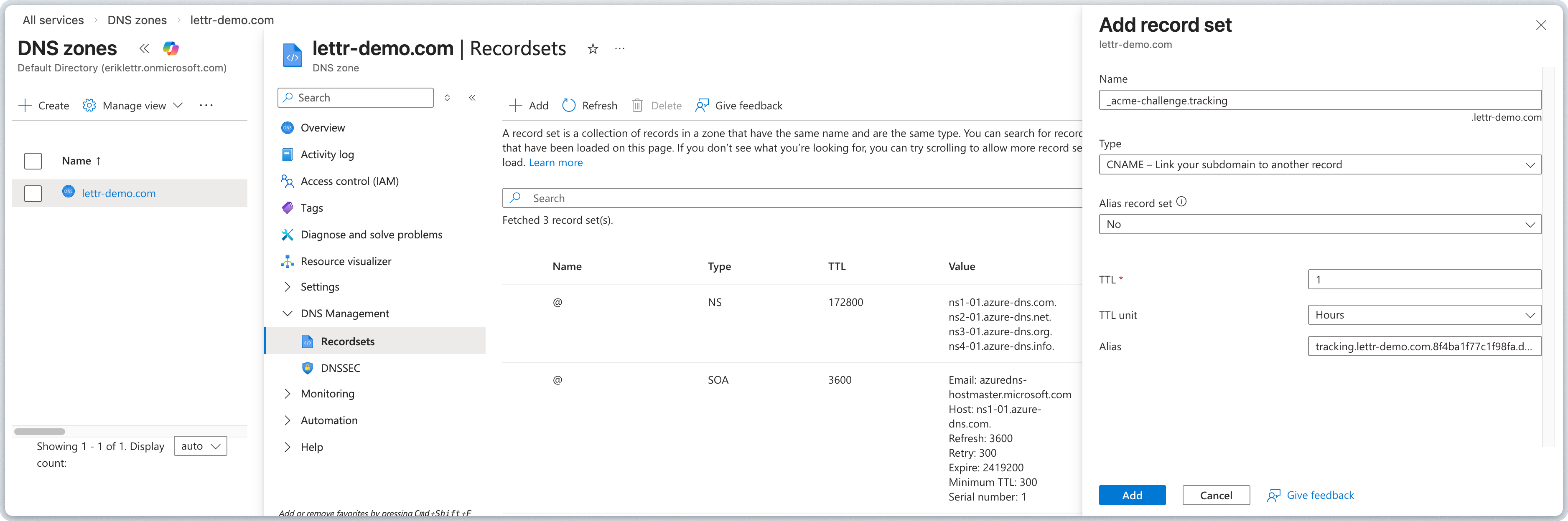 Azure DNS record set form for adding the SSL certificate CNAME record