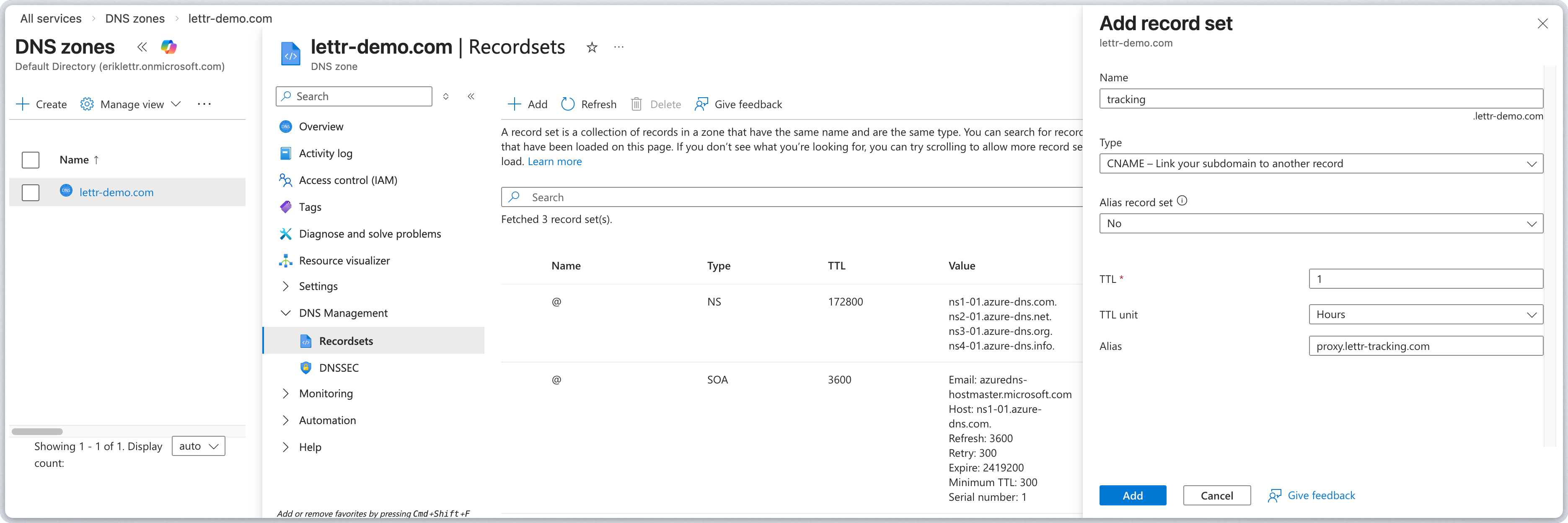 Azure DNS record set form for adding the traffic routing CNAME record