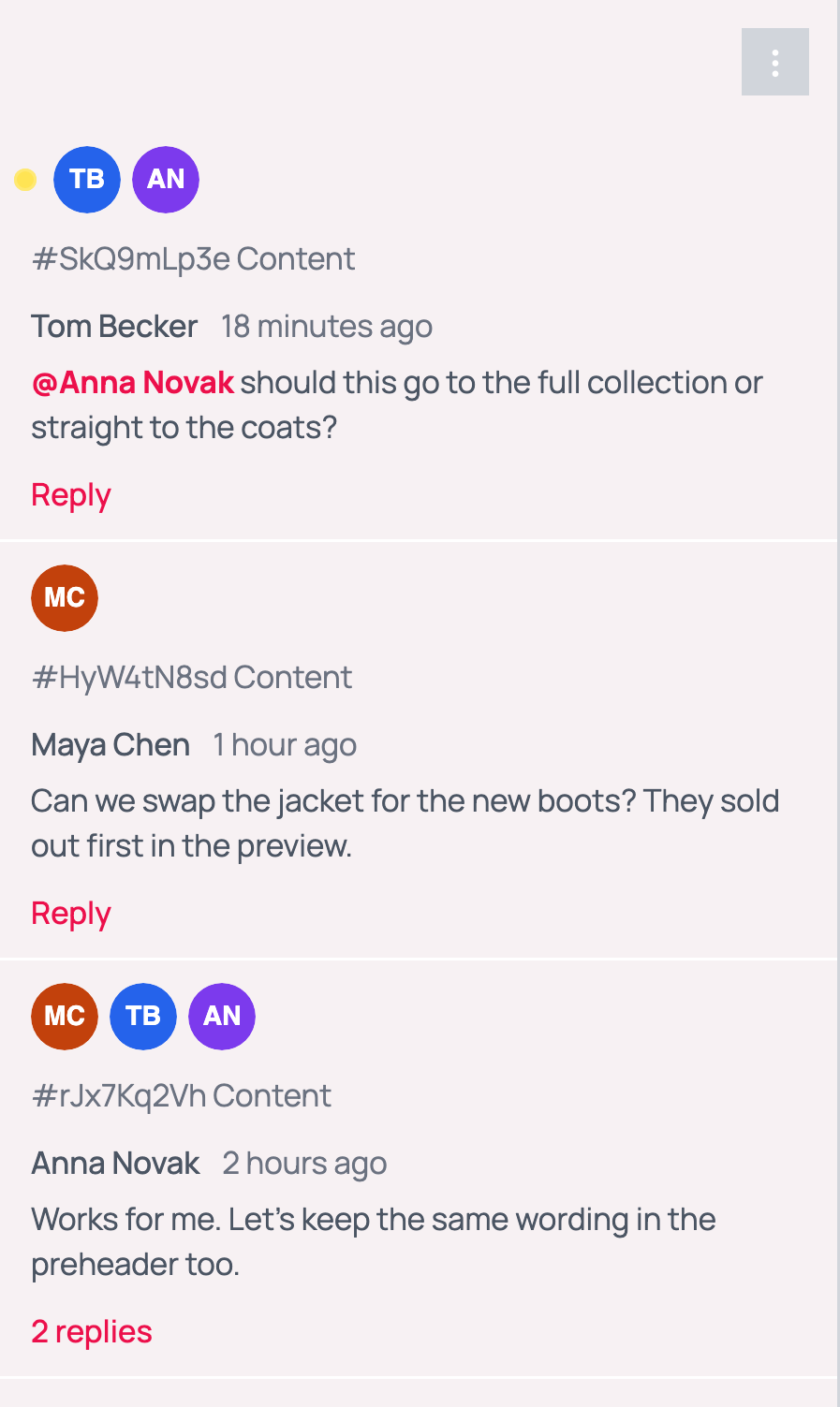 The list of conversations in the comments panel: three entries, each with the avatars of the people involved, the block ID it belongs to, the latest comment and a Reply or 2 replies link