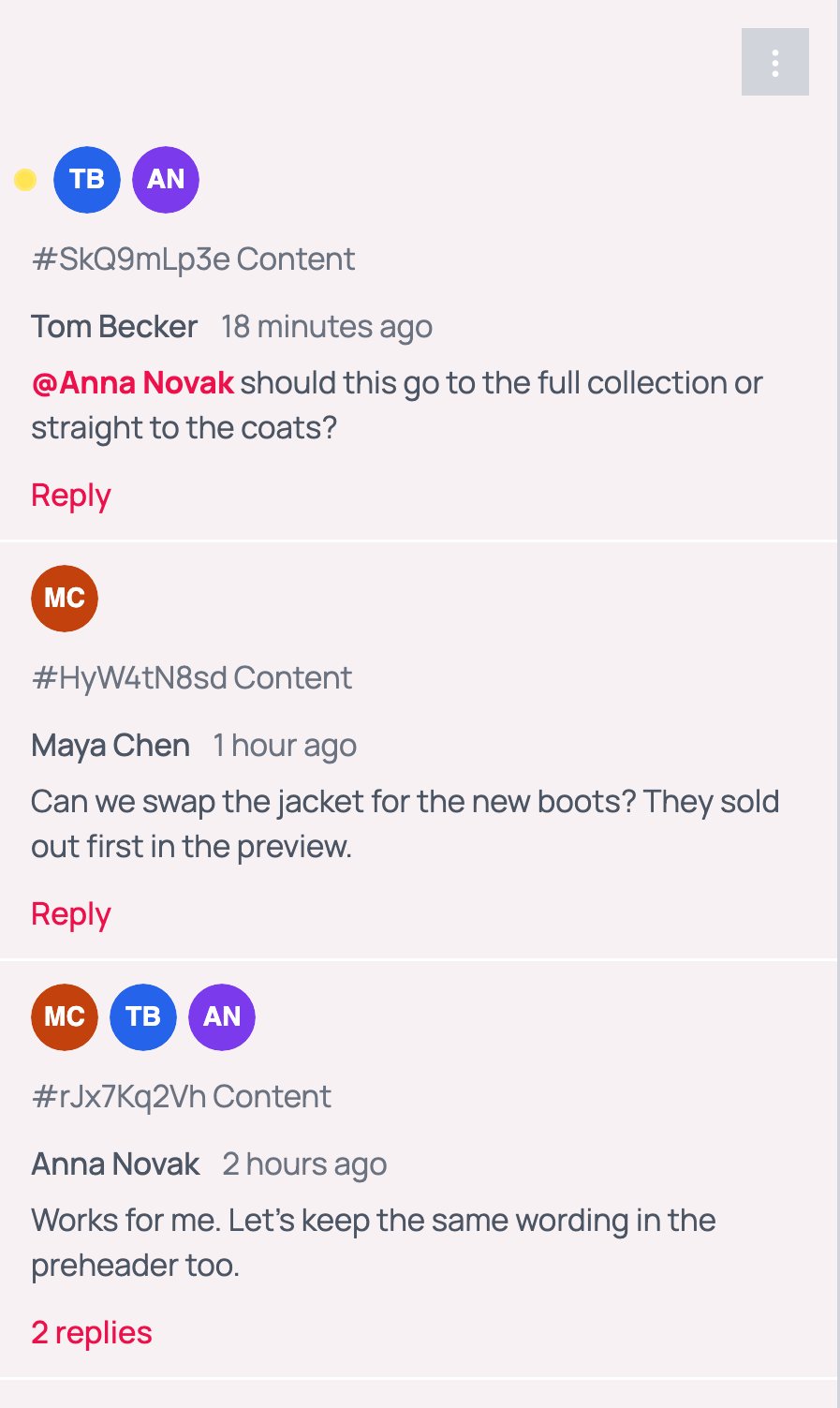 The list of conversations in the comments panel: three entries, each with the avatars of the people involved, the block ID it belongs to, the latest comment and a Reply or 2 replies link