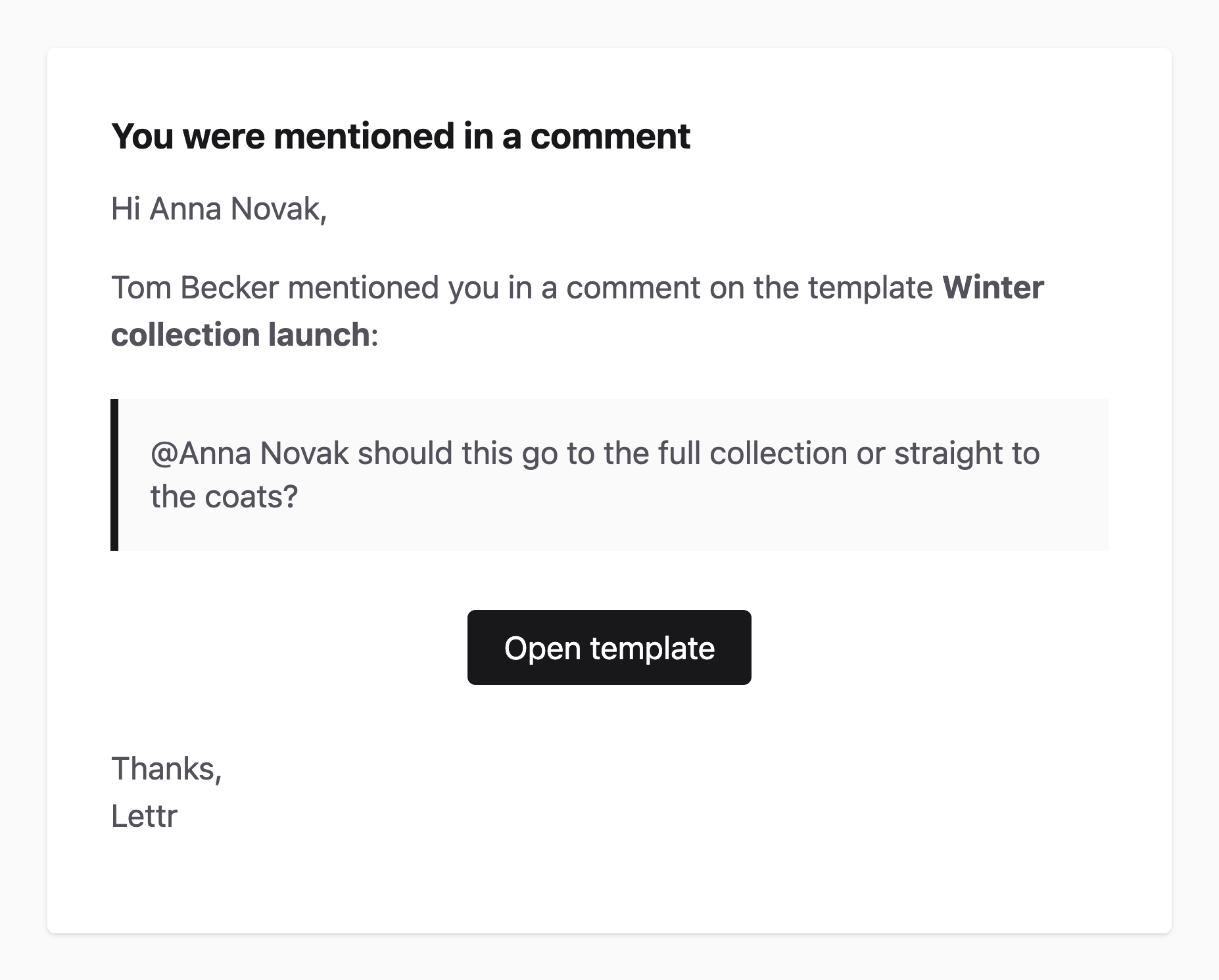 The mention email: You were mentioned in a comment, Tom Becker mentioned you in a comment on the template Winter collection launch, the comment quoted below, and an Open template button