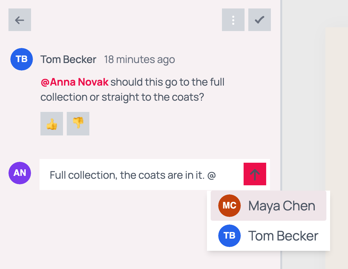 A reply being typed in the comments panel, with the @ mention list open below it showing two teammates, Maya Chen and Tom Becker