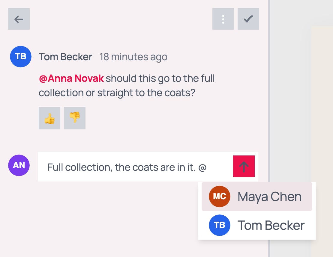 A reply being typed in the comments panel, with the @ mention list open below it showing two teammates, Maya Chen and Tom Becker