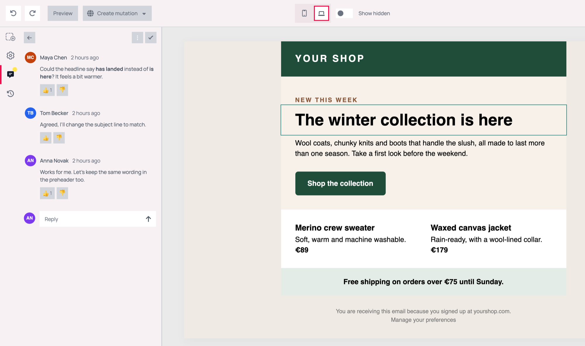 The Lettr email editor with the comments panel open on the left, showing a conversation of three comments with thumbs-up reactions and a Reply box, next to the template canvas where the headline block the conversation belongs to is outlined in green