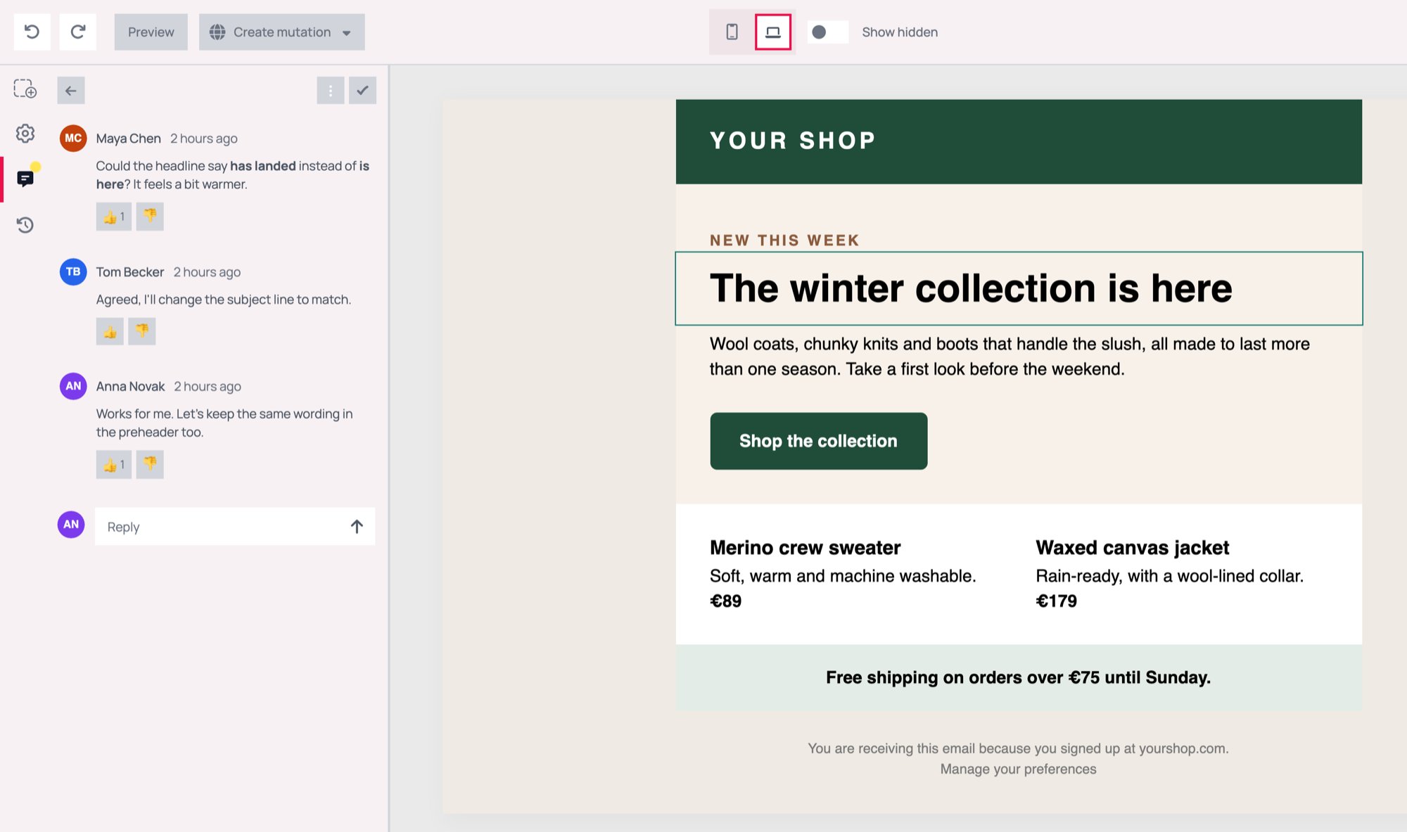 The Lettr email editor with the comments panel open on the left, showing a conversation of three comments with thumbs-up reactions and a Reply box, next to the template canvas where the headline block the conversation belongs to is outlined in green