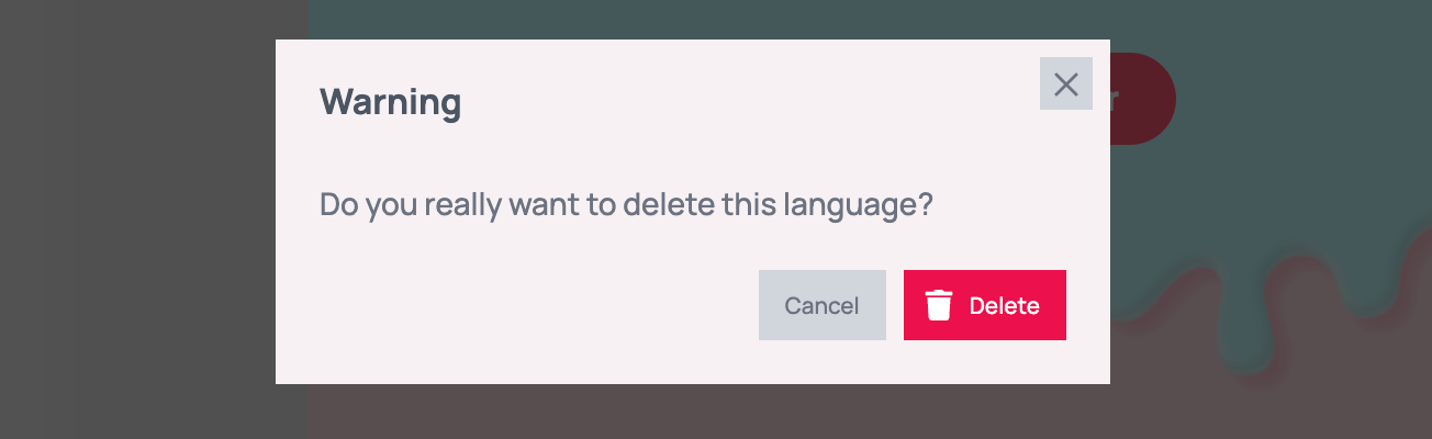 Warning dialog asking Do you really want to delete this language? with a Cancel button and a red Delete button