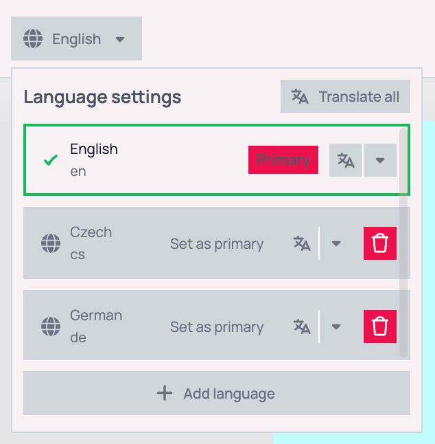 Language settings panel opened from the English dropdown: a Translate all button in the header, English outlined in green with a check mark and a Primary badge, Czech and German rows each with Set as primary, a translate icon with an arrow and a red delete button, and an Add language button at the bottom