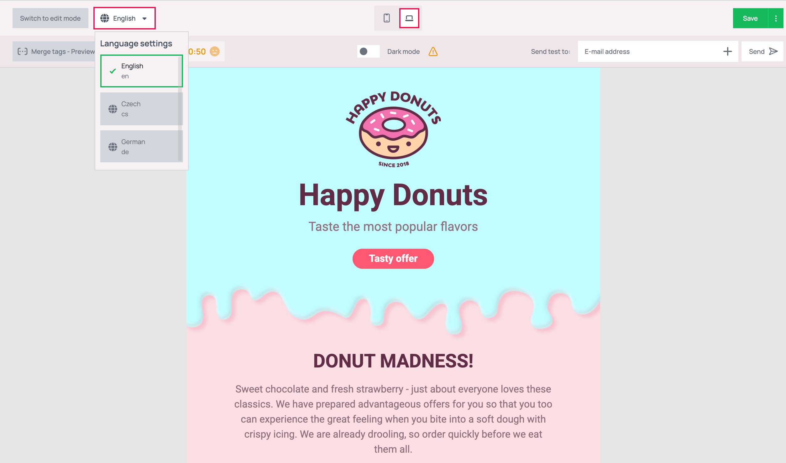 Preview mode with the English dropdown open, listing English, Czech and German with no edit controls, English outlined in green and the English Happy Donuts email shown on the desktop view