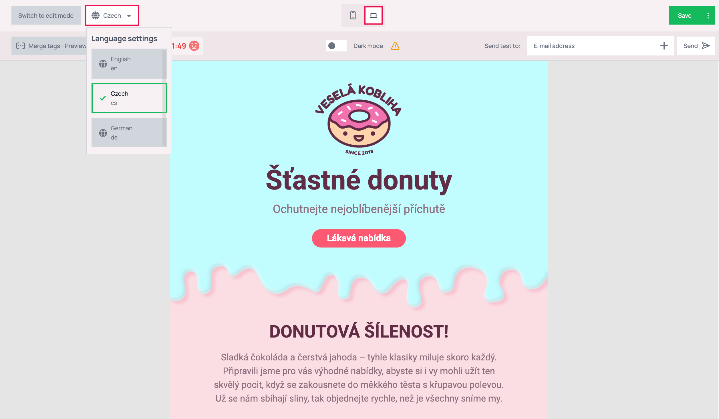 Preview mode with the dropdown switched to Czech, Czech outlined in green in the open list, and the Czech version of the email shown with the heading Šťastné donuty and the button Lákavá nabídka