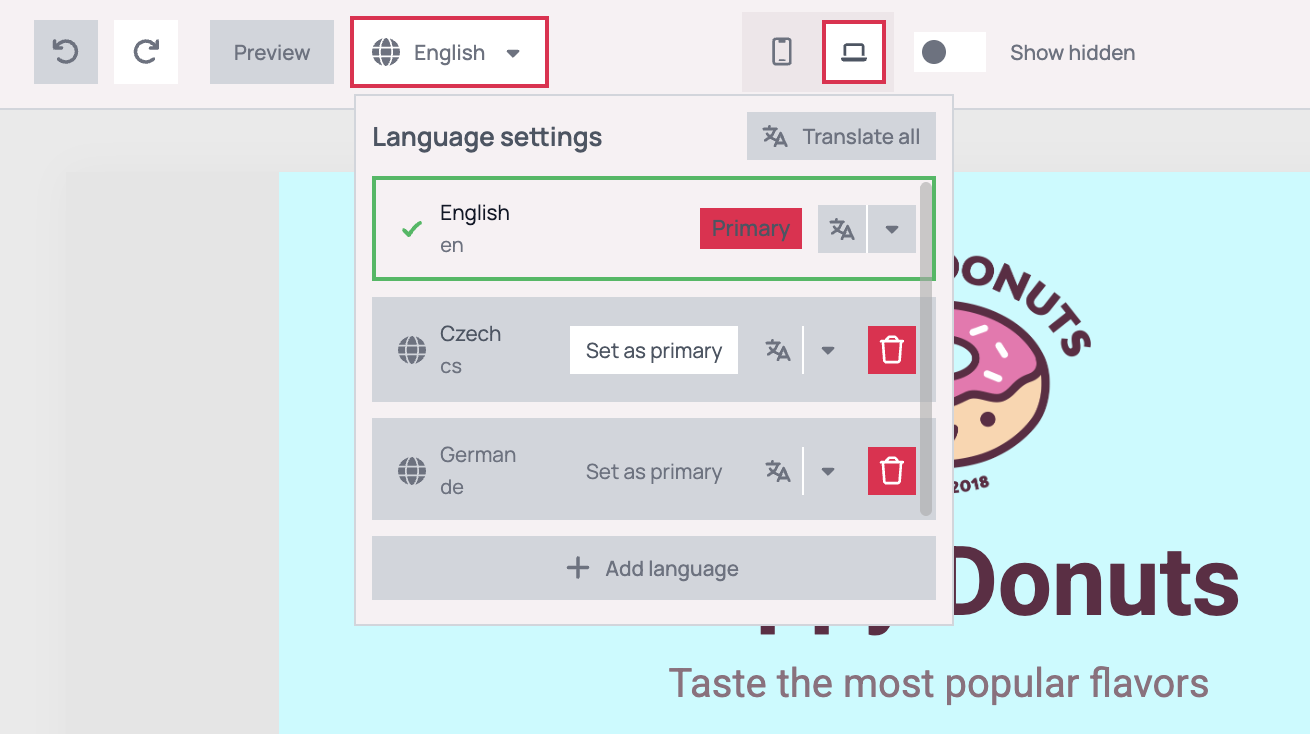 Language settings panel with English outlined in green as the Primary language, and the Set as primary button highlighted on the Czech row below it, next to its translate icon and red delete button