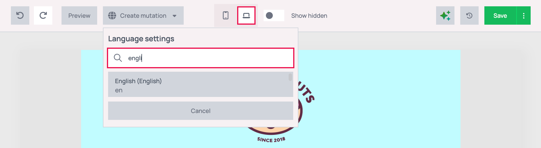 Language settings panel with engli typed in the search field and English (English) en as the only result
