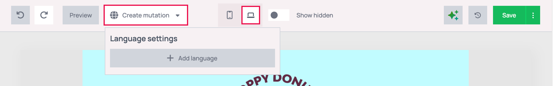 Editor top bar with the Create mutation dropdown open, showing the empty Language settings panel with an Add language button