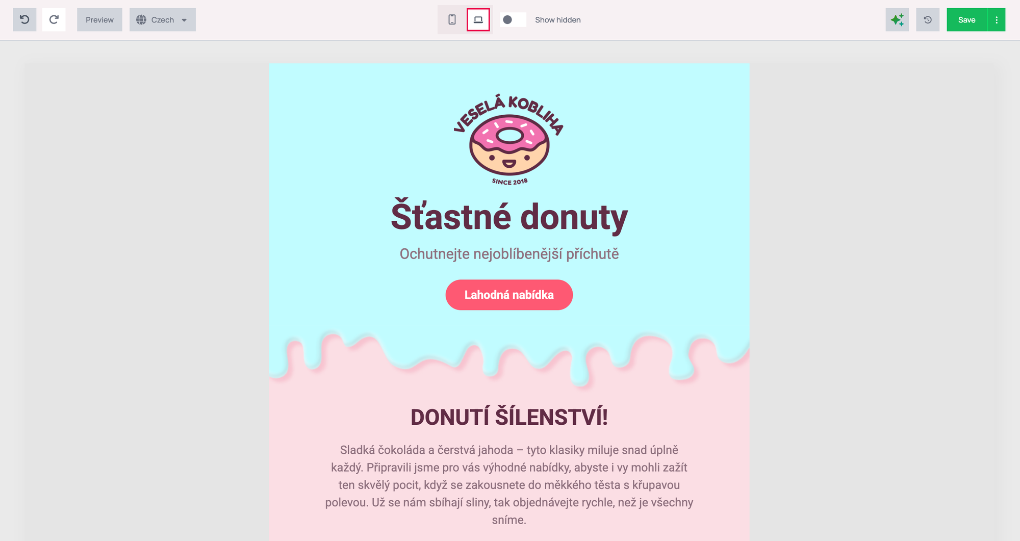 Editor with Czech selected in the dropdown and the whole email in Czech: a Czech logo image, the heading Šťastné donuty, the button Lahodná nabídka and the translated body text