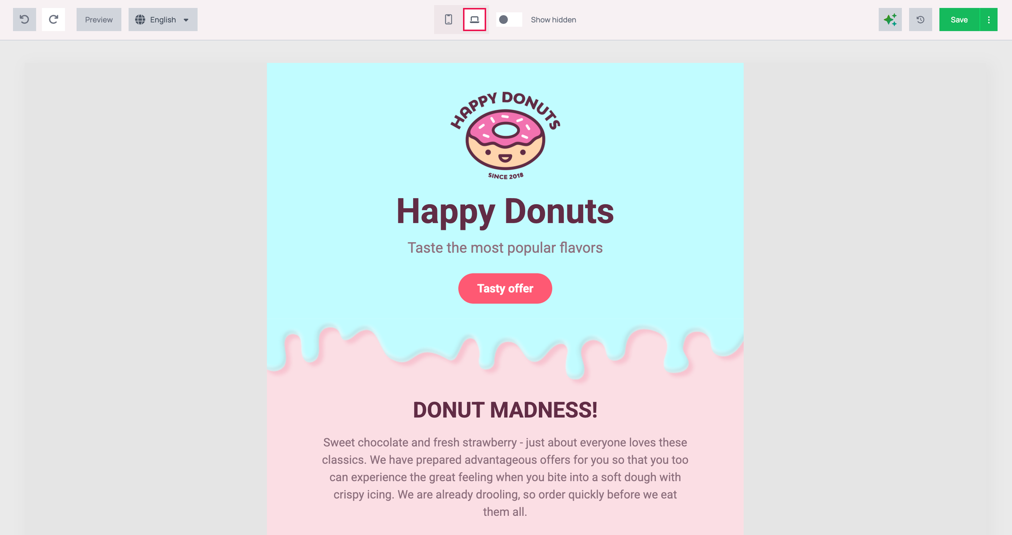 Editor with the Happy Donuts template open and the globe dropdown in the top bar labelled English instead of Create mutation
