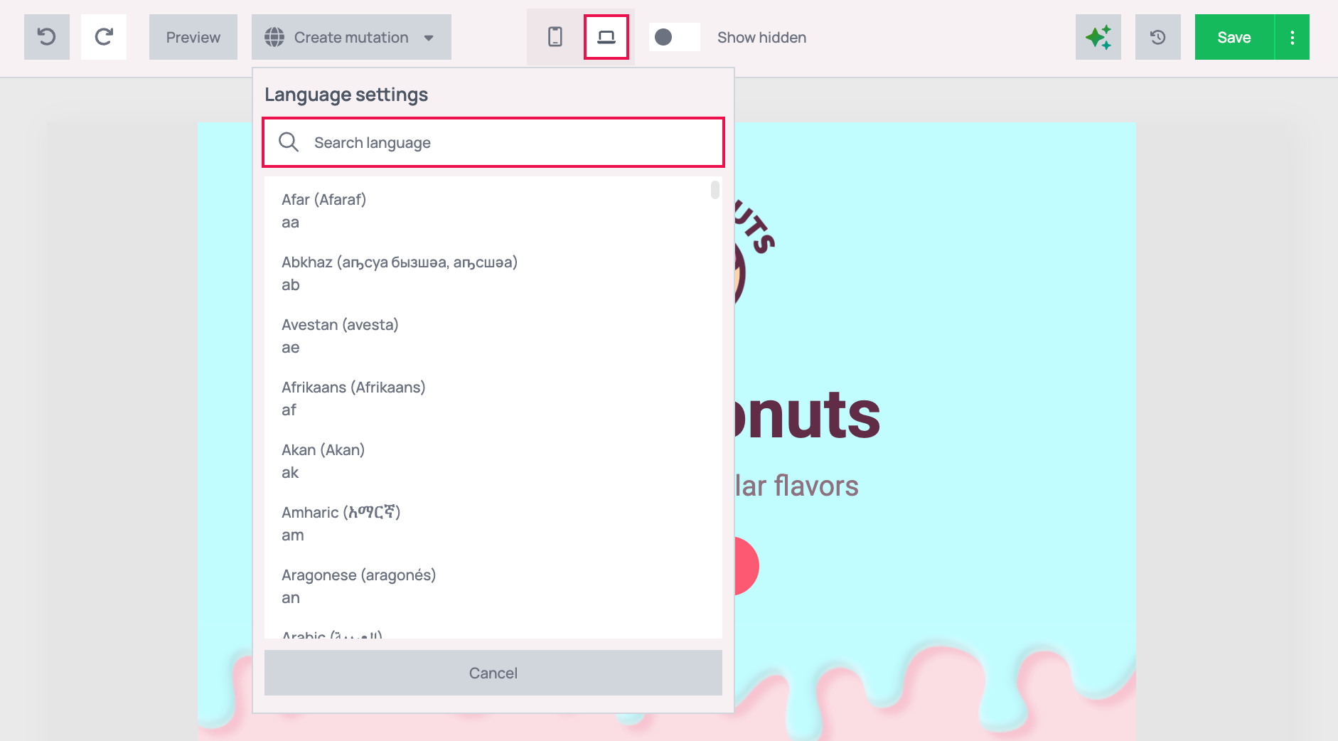 Language settings panel with an empty Search language field above a scrollable list starting with Afar, Abkhaz, Avestan and Afrikaans, each with its code, and a Cancel button