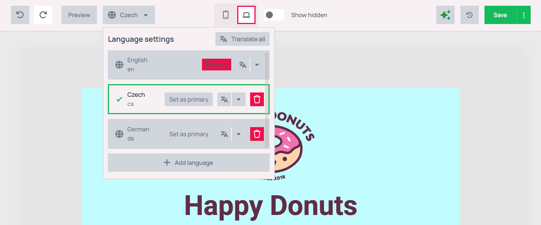 Language settings panel with English as primary, Czech selected and outlined in green, and German below it. The dropdown is labelled Czech, but the canvas still shows the English Happy Donuts content