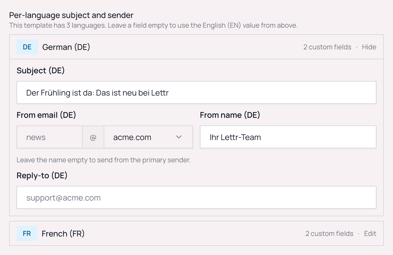The Per-language subject and sender section in the Compose step with the German row expanded, showing subject, from email, from name and reply-to fields