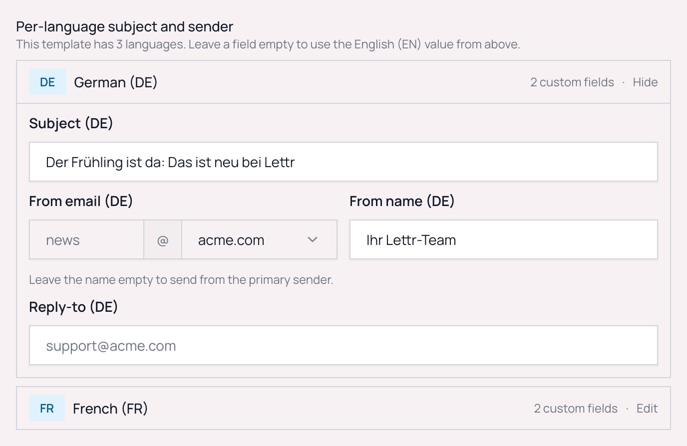 The Per-language subject and sender section in the Compose step with the German row expanded, showing subject, from email, from name and reply-to fields