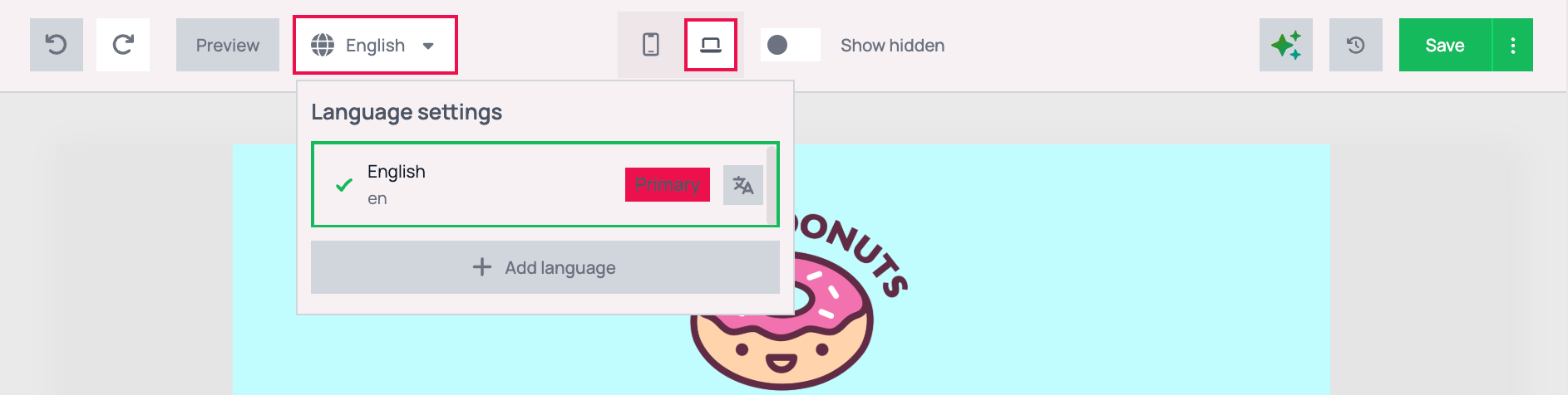 Language settings panel showing English as the only language, outlined in green with the Primary badge, and the dropdown label changed from Create mutation to English