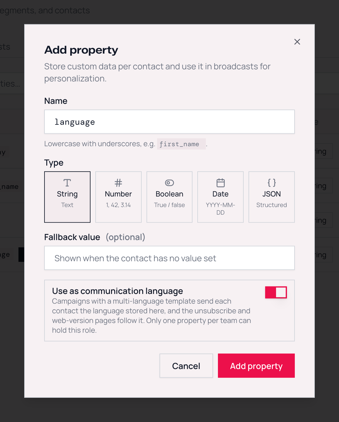 The Add property dialog with the Use as communication language switch turned on
