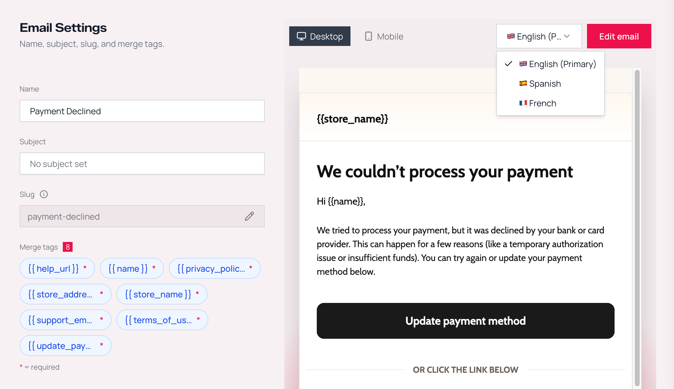 Template detail page for the Payment Declined template with the language picker next to Edit email open, listing English (Primary) with a check mark, Spanish and French above the English preview