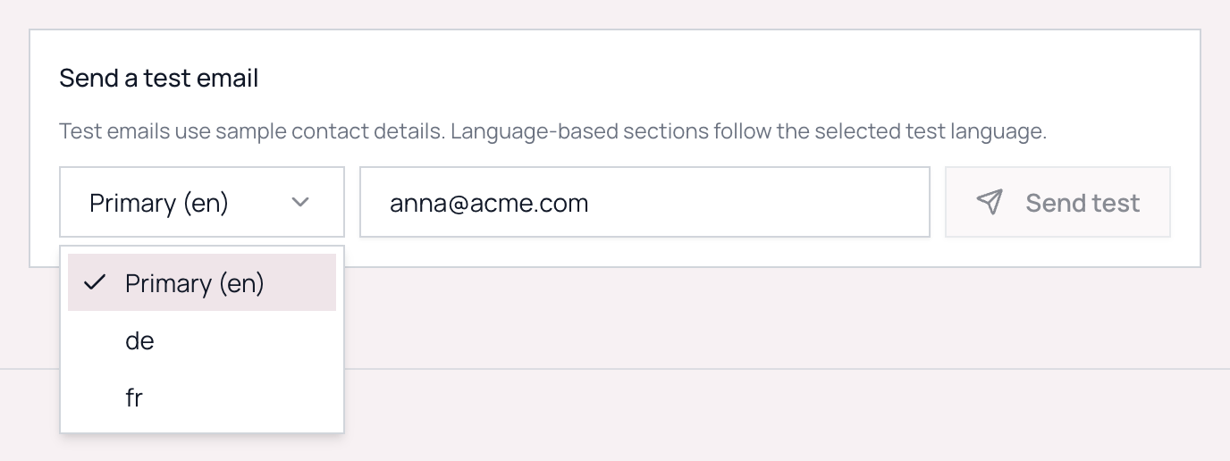 The Send a test email box with the language picker open, listing Primary (en), de and fr, next to the recipient address field