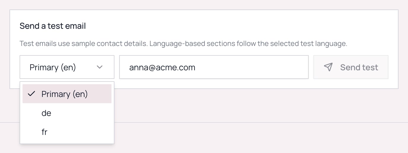 The Send a test email box with the language picker open, listing Primary (en), de and fr, next to the recipient address field