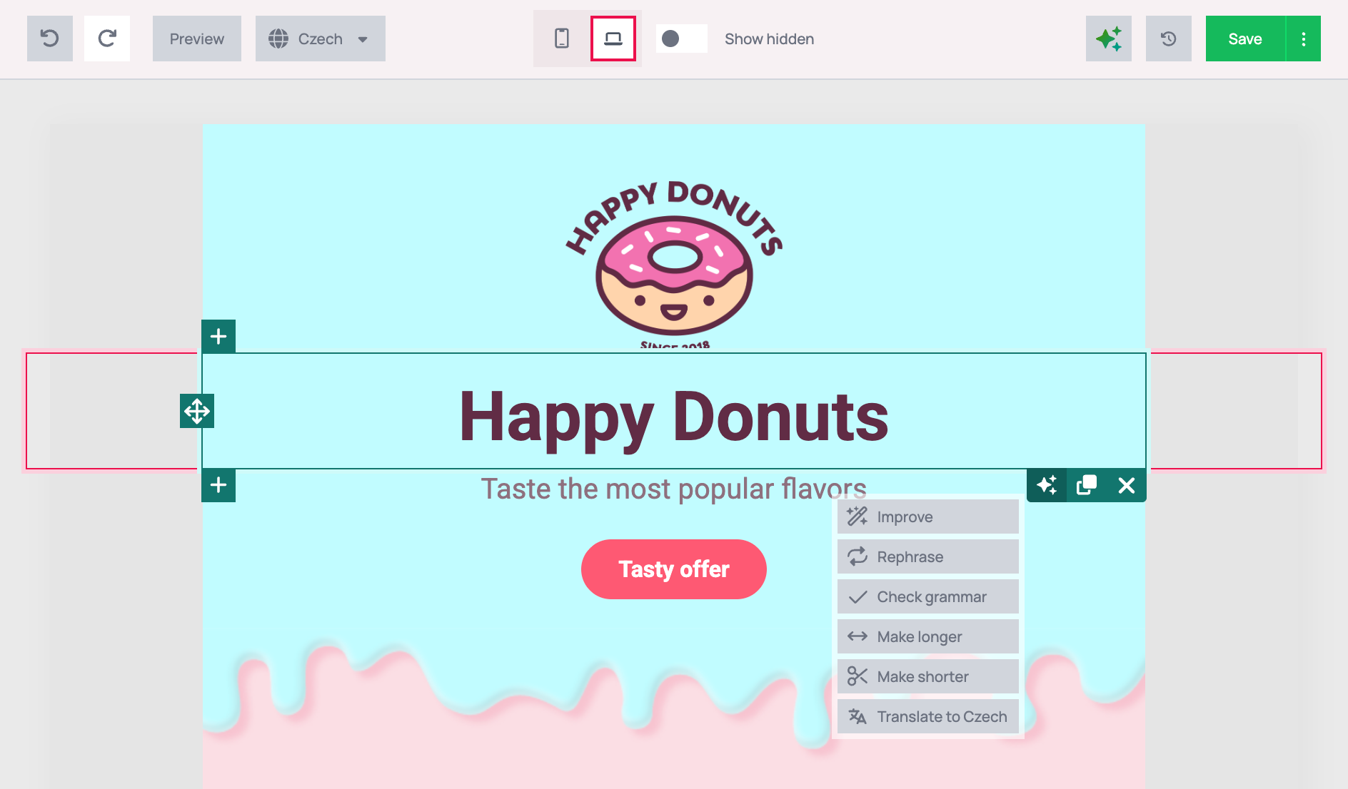 Editor with Czech selected and the Happy Donuts heading block selected, its AI menu open with Improve, Rephrase, Check grammar, Make longer, Make shorter and Translate to Czech