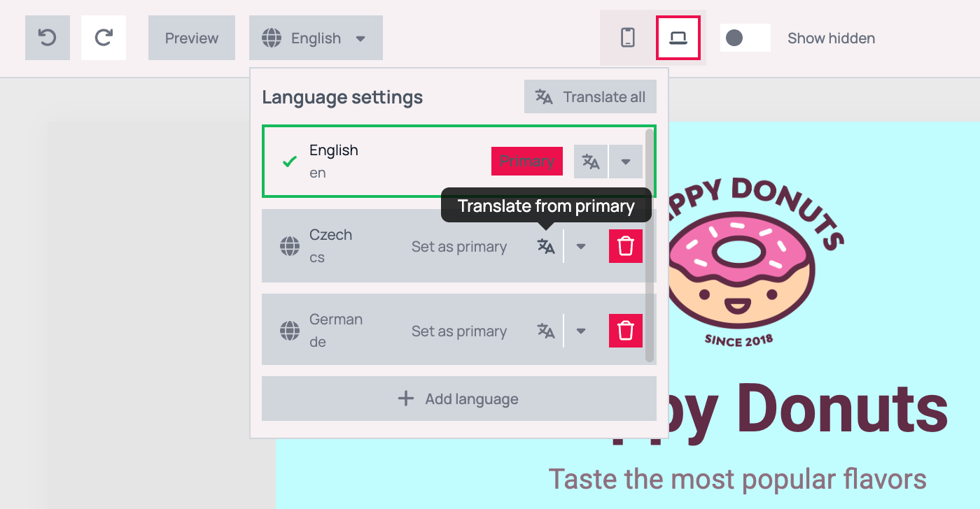 Language settings panel with English as primary, Czech and German, and the Translate from primary tooltip shown above the translate icon on the Czech row