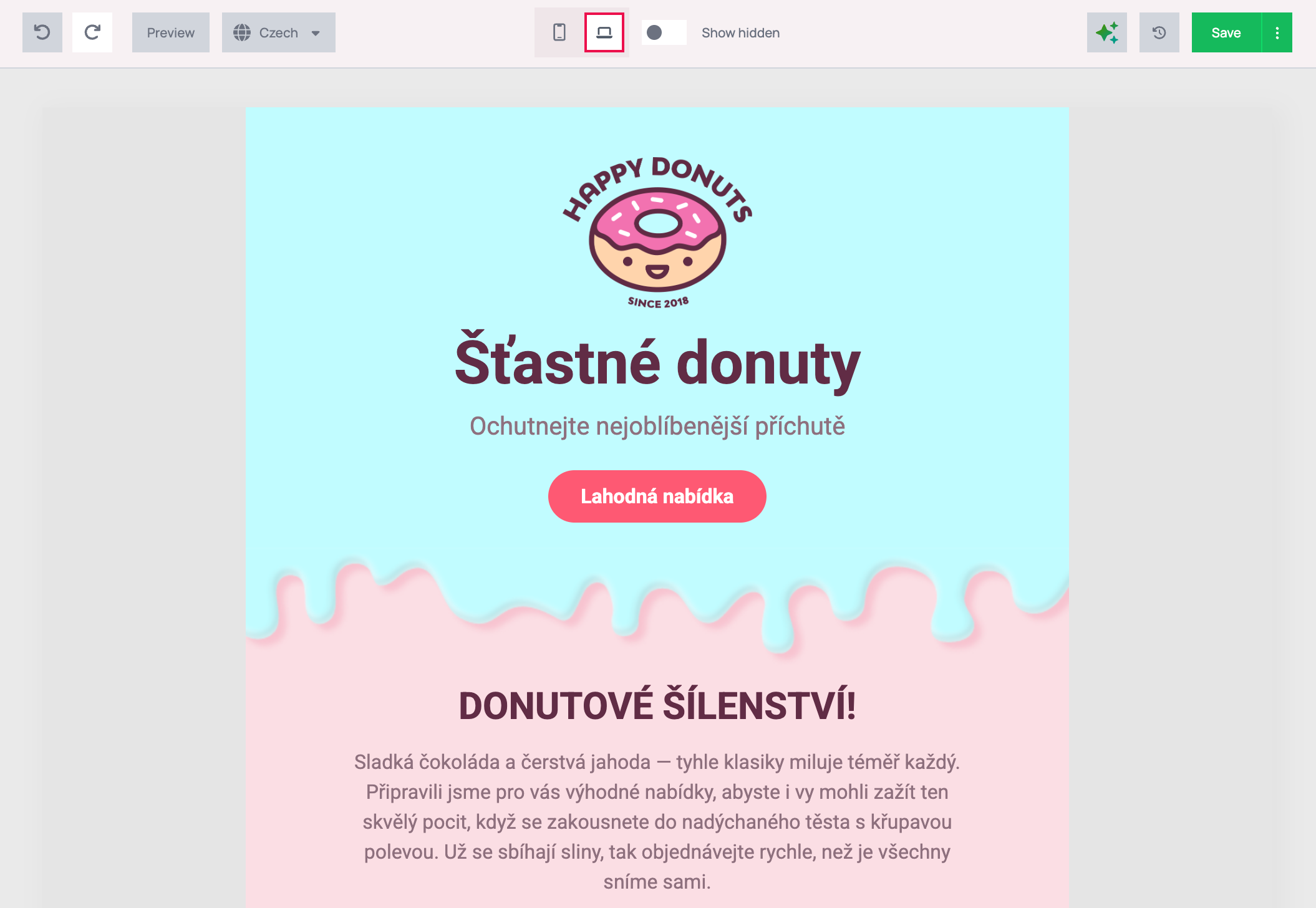 Editor with Czech selected after the AI translation: the heading Šťastné donuty, the subtitle, the button Lahodná nabídka and the body text are in Czech, while the logo image still reads Happy Donuts