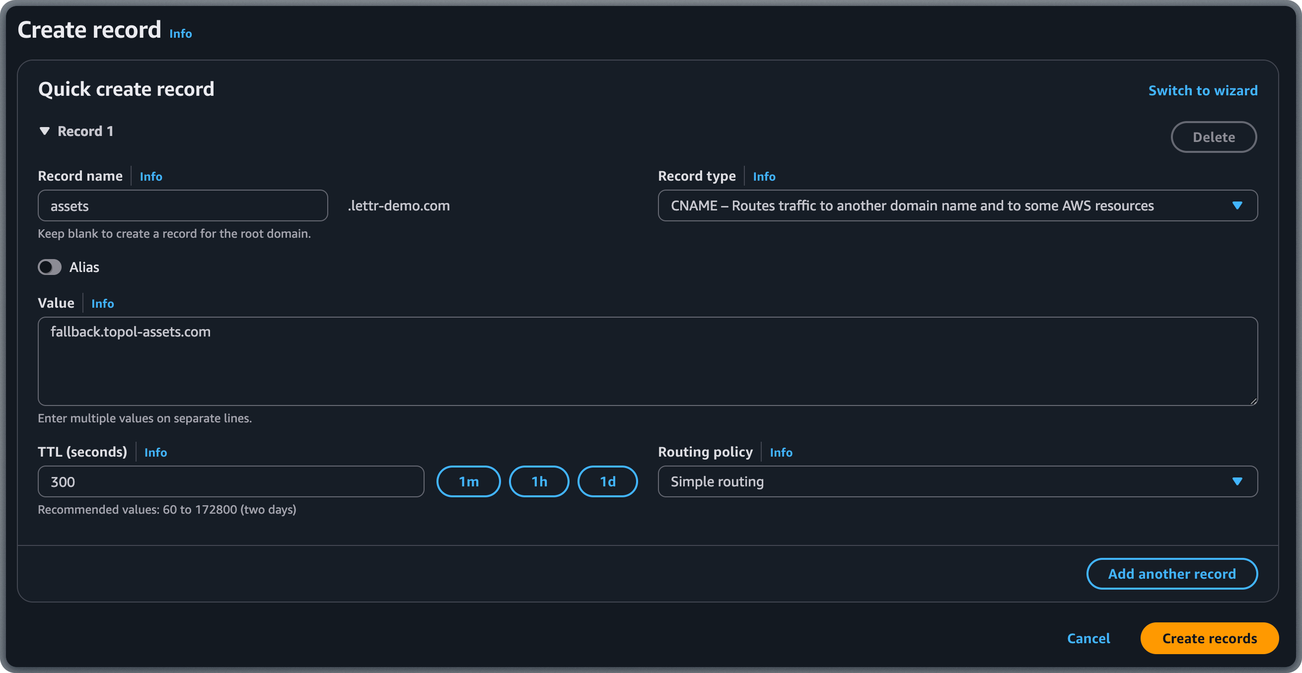 Adding Domain Routing CNAME record in AWS Route 53