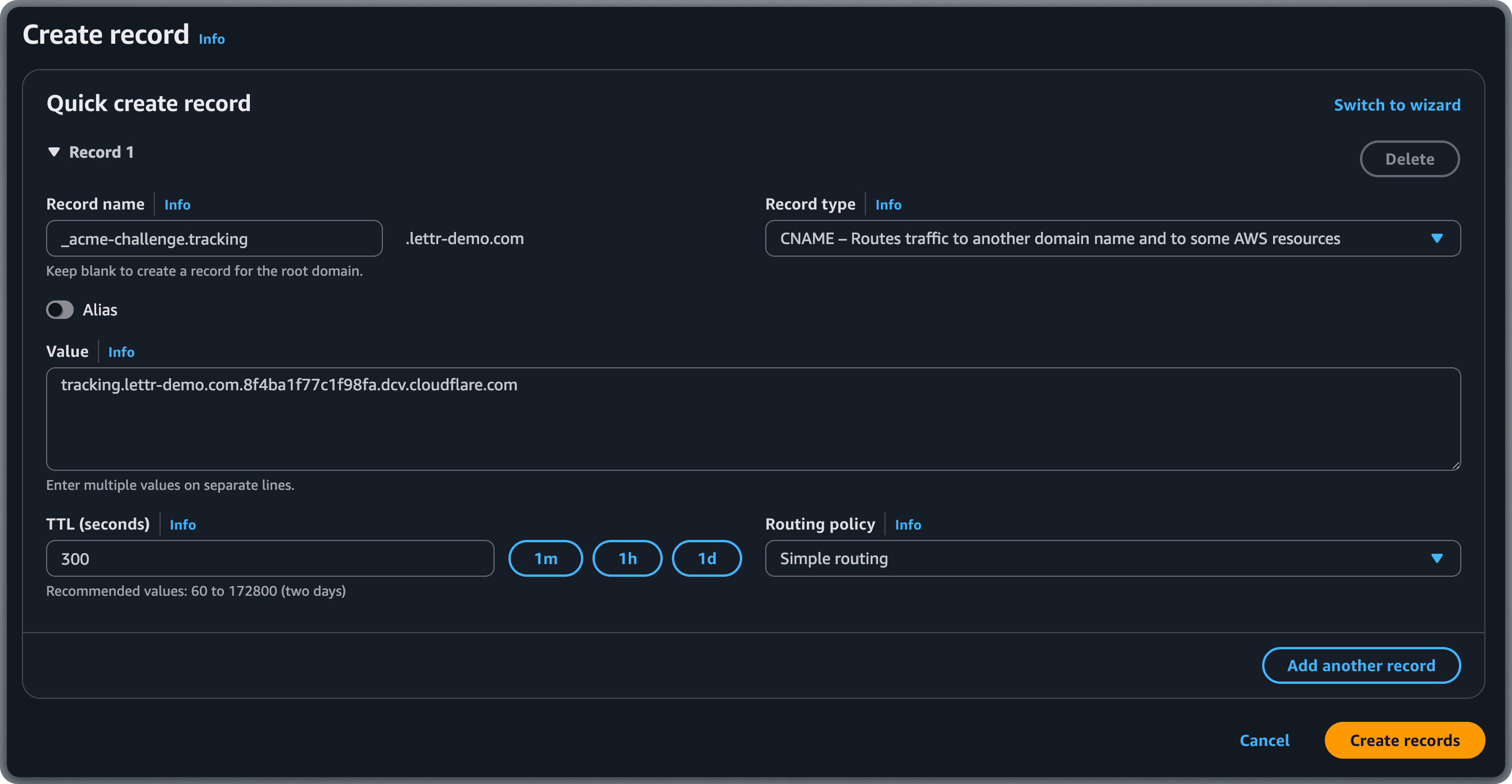 Adding SSL Certificate CNAME record in AWS Route 53