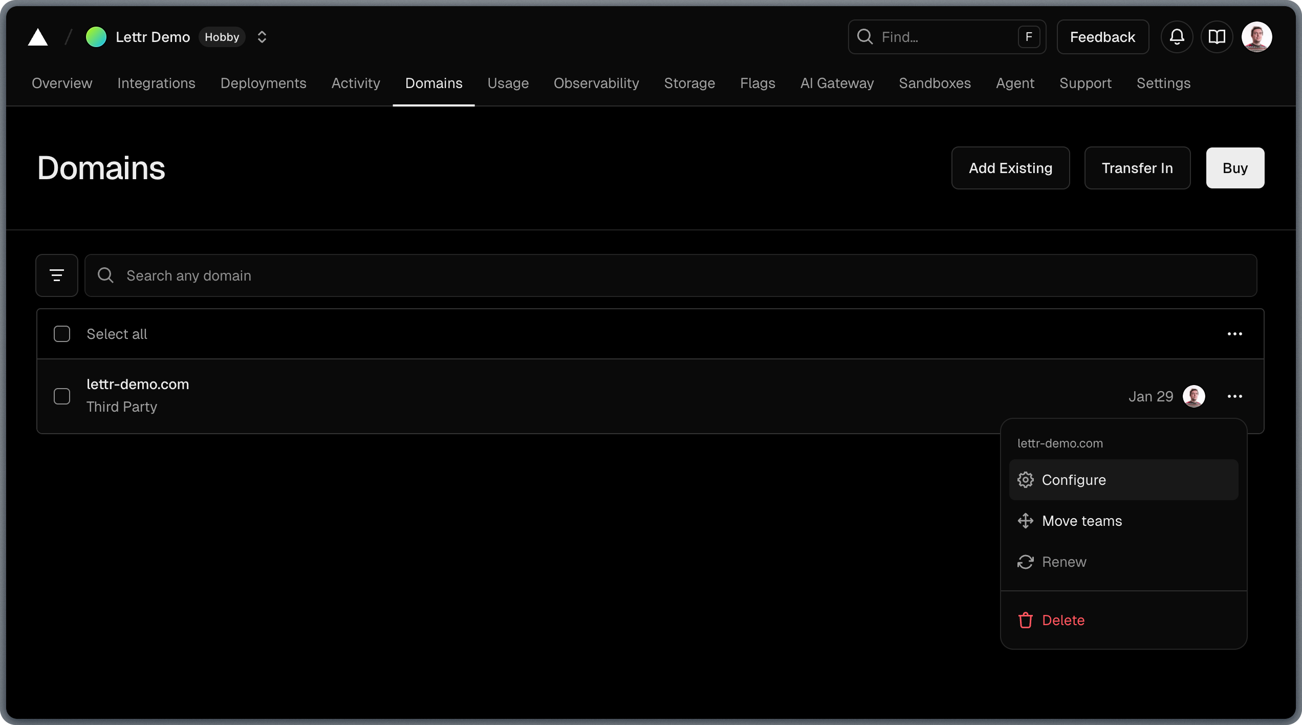 Domain list in Vercel project dashboard
