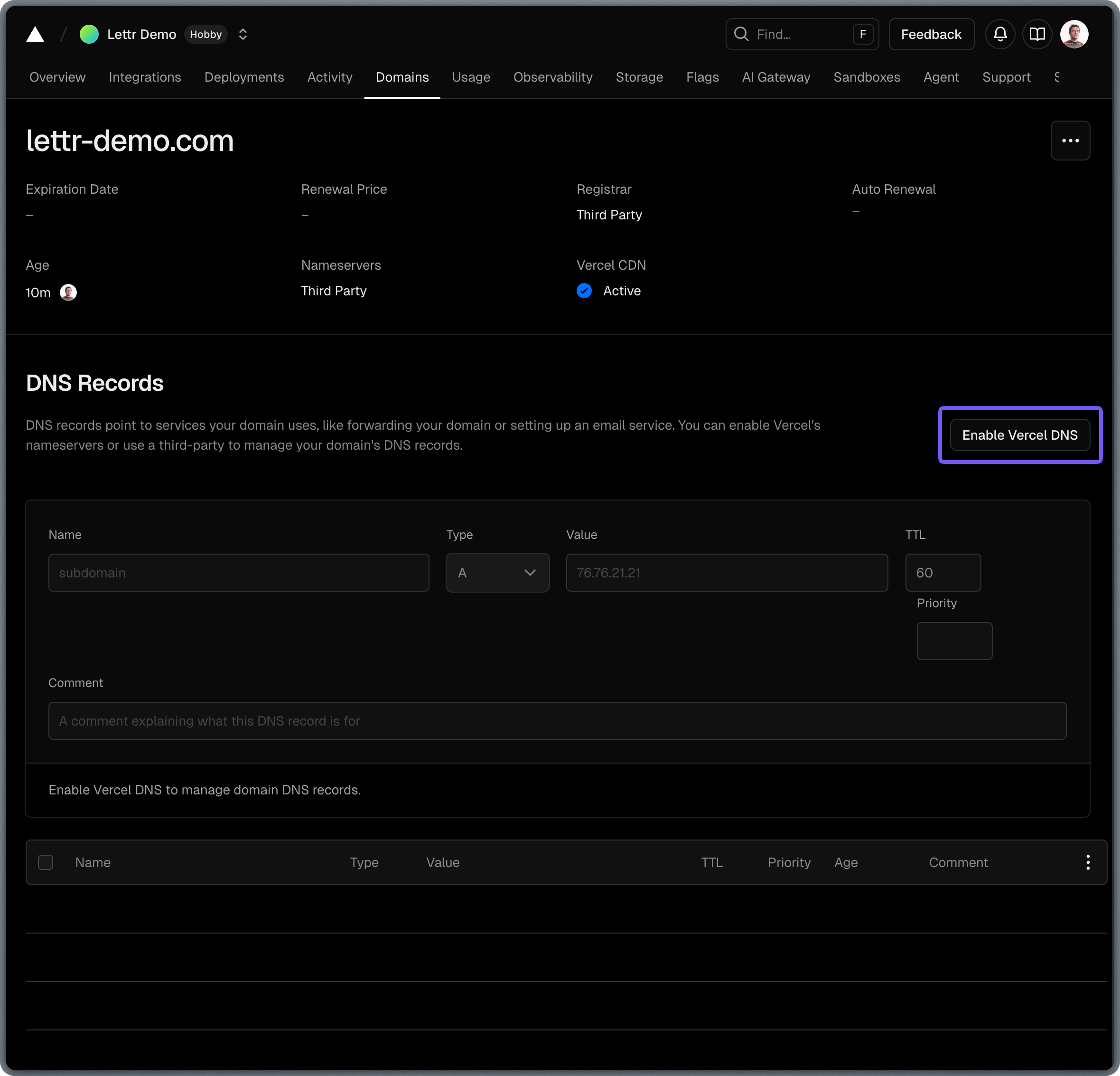 Enable Vercel DNS button in Vercel domain configuration