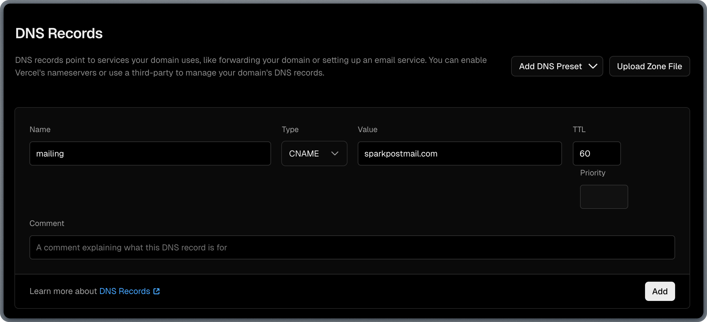Adding CNAME record in Vercel DNS settings