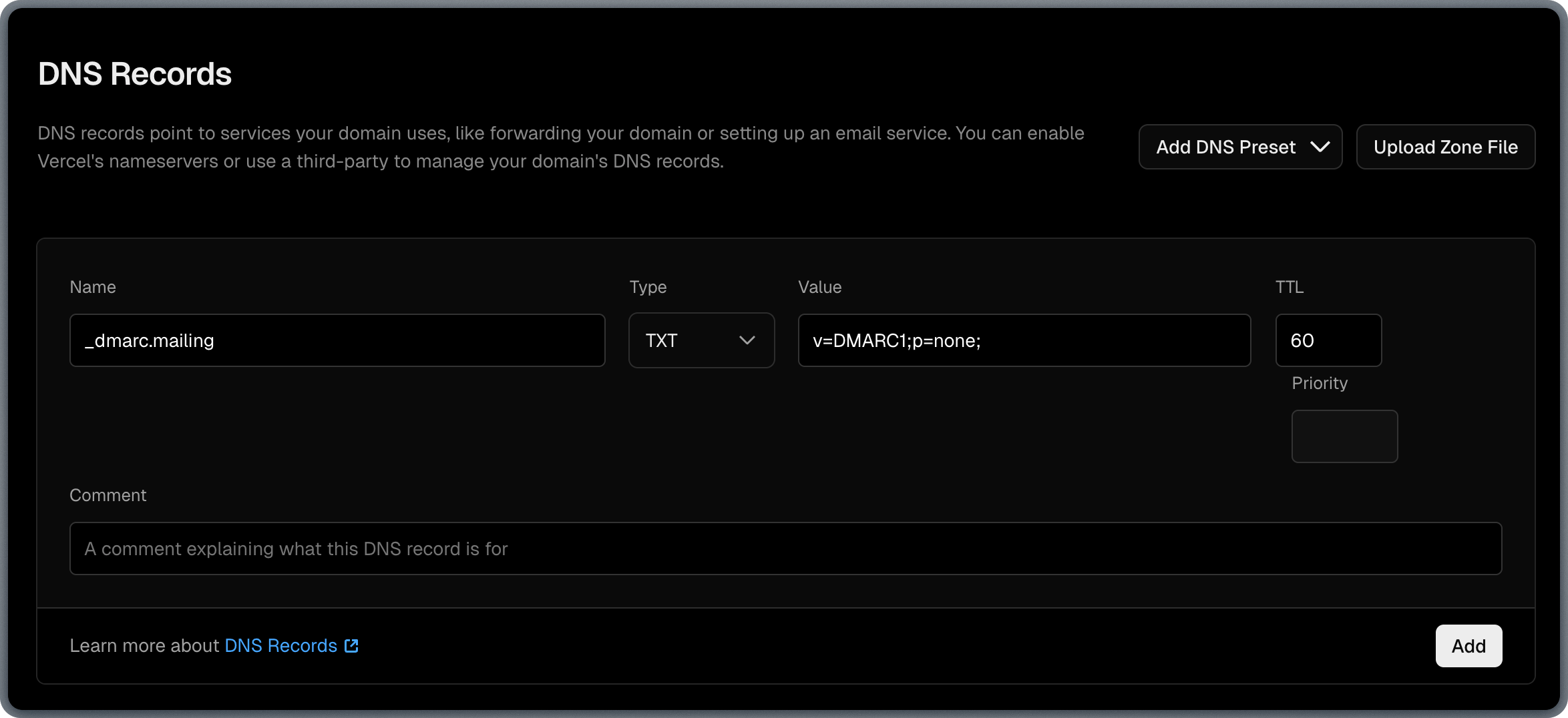 Adding DMARC TXT record in Vercel DNS settings