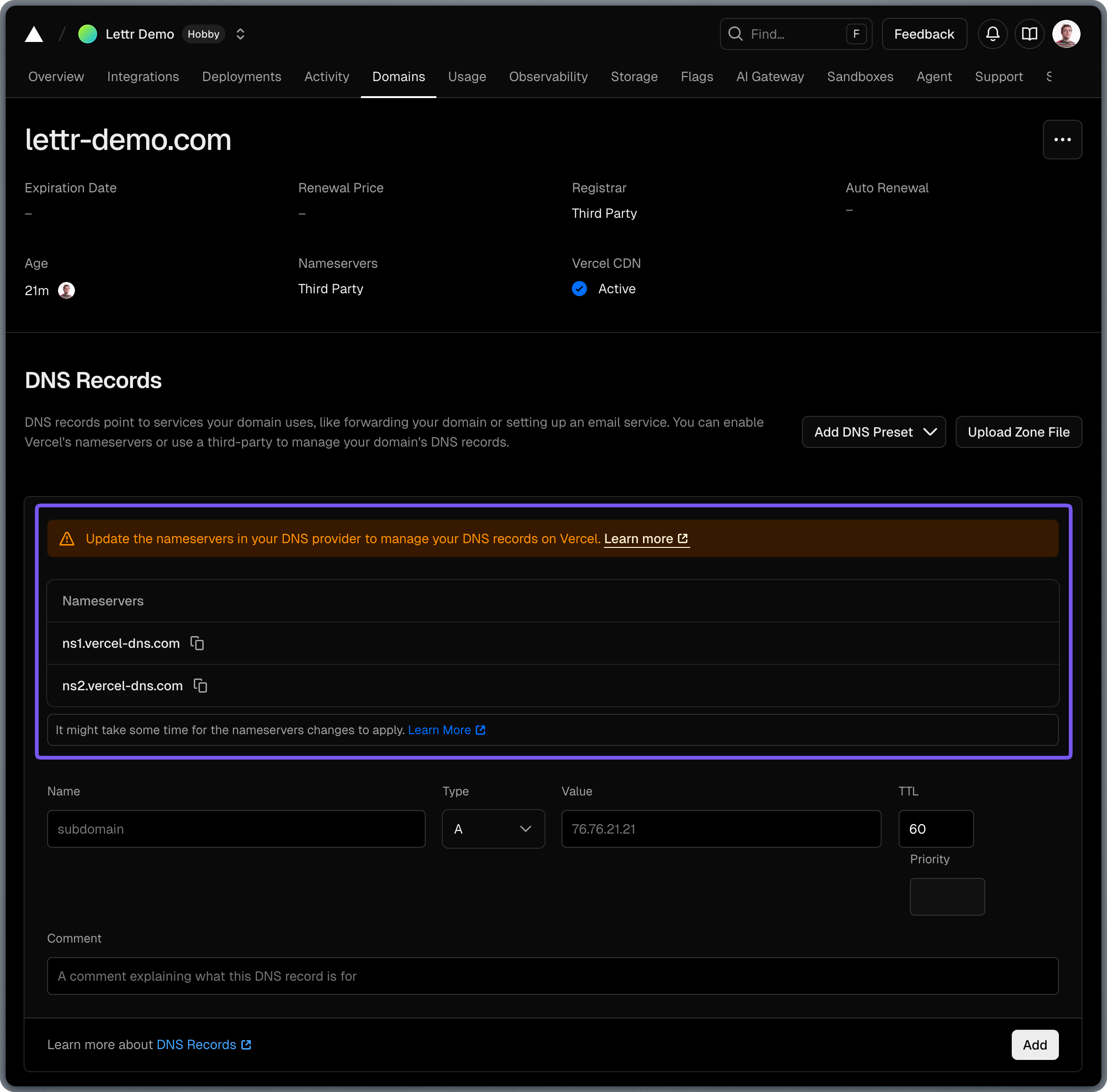 Vercel nameserver configuration options